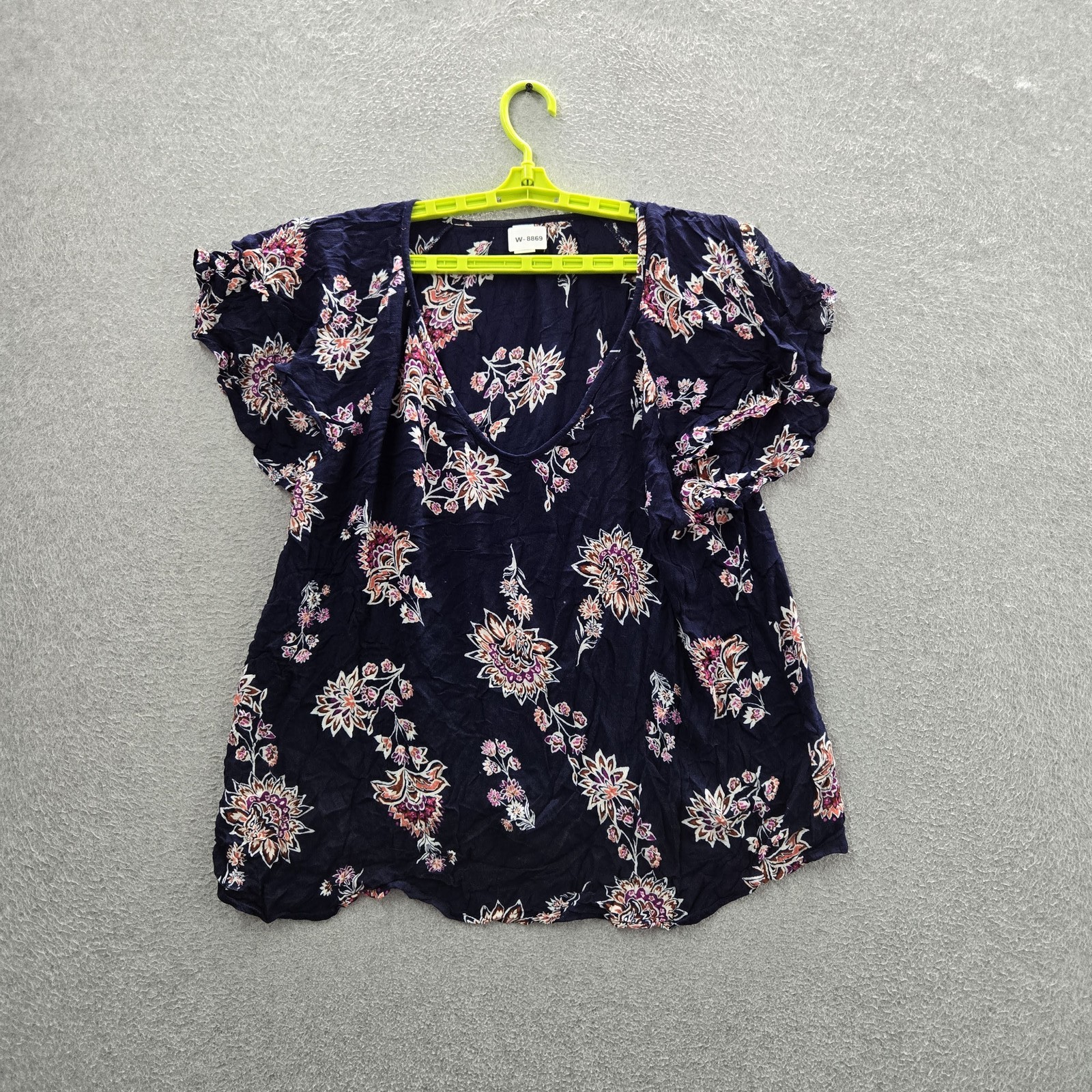 Old Navy Women Blouse XL Navy Floral Ruffle V-Neck Pullover Short Sleeve