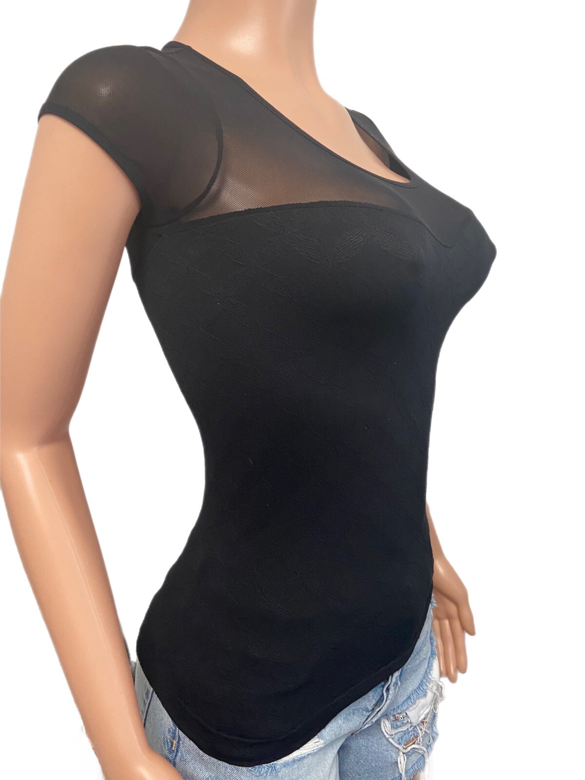 Y2K Black Mesh Tonal Textured sweetheart S/S Seamless Fitted Top New O/s 2-8