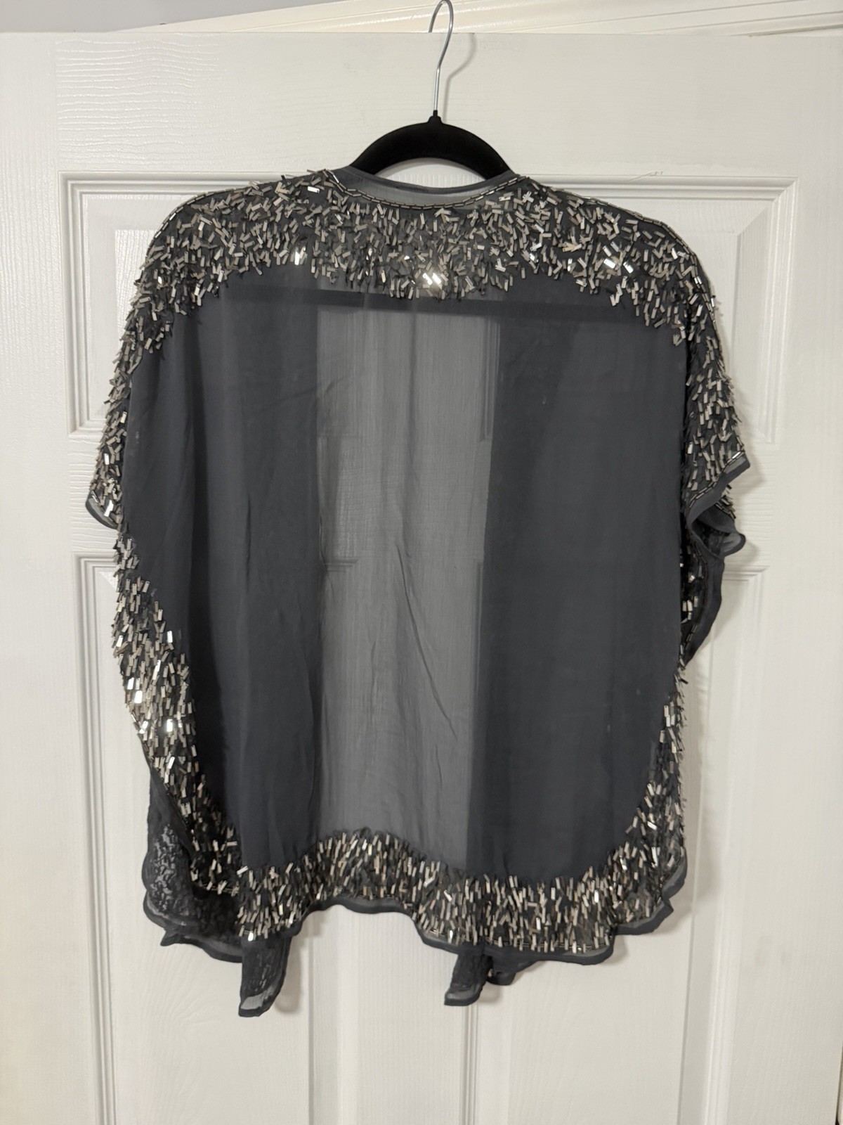 Women’s Black Beaded Sequin Kimono Cardigan Sheer Open Front Evening Cover Up