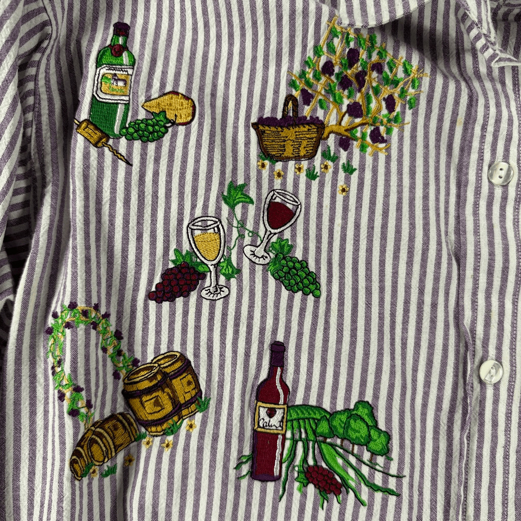 VTG Casey Coleman Vineyard Wine Embroidered Pinstripe Blouse Size L A