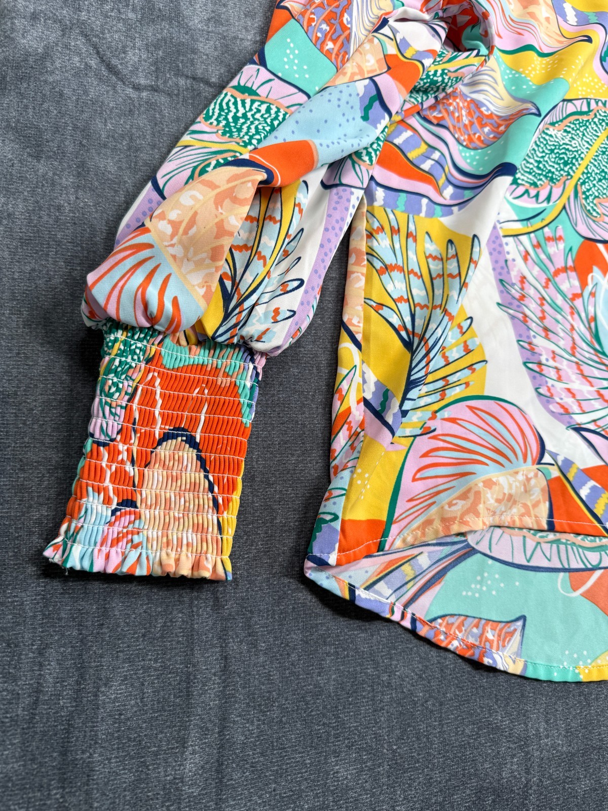 Womens Colorful Tropical Print Blouse Smocked Cuffs Oversized Button Front