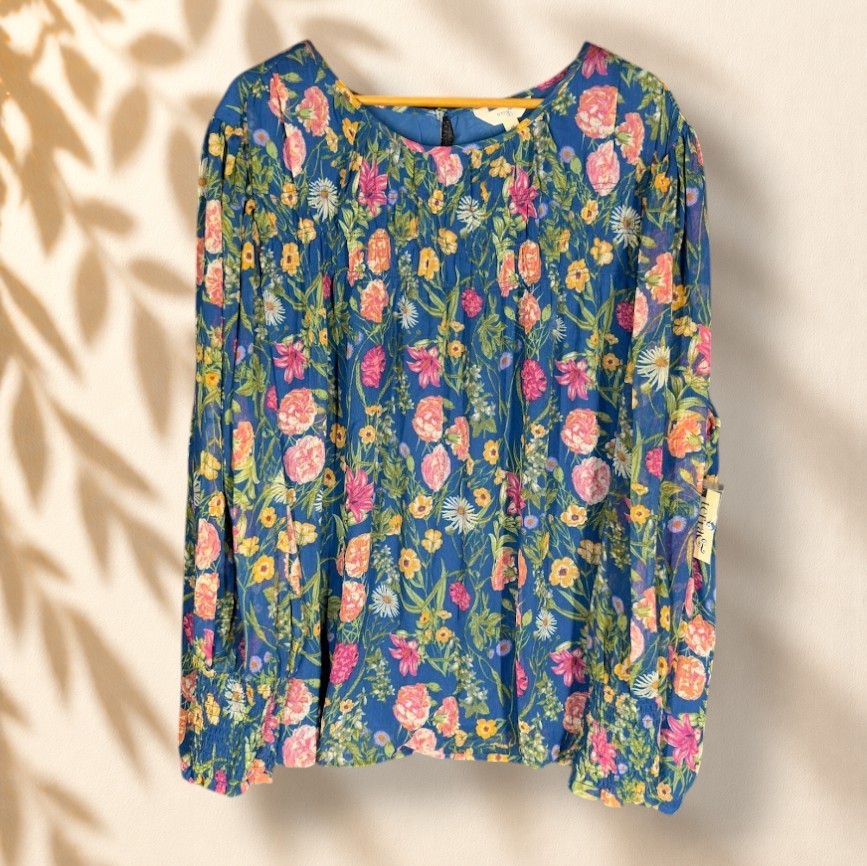 New Terra & Sky Blouse Women 4X Plus Blue Floral Long Sleeve Hook & Eye Lined