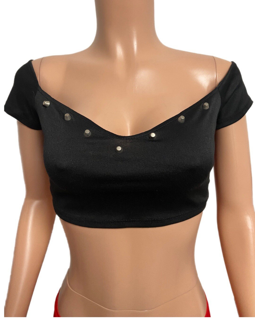 Y2K Black Off shoulders style Crop Grease studded Cleavage Top New steampunk