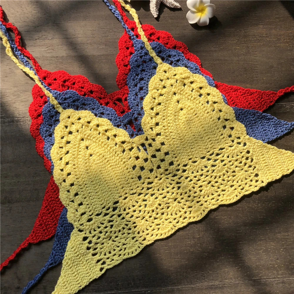 Handmade Crocket Sexy Beachwear Halter Neck Vest Crochet Crop Top Knit Bralette