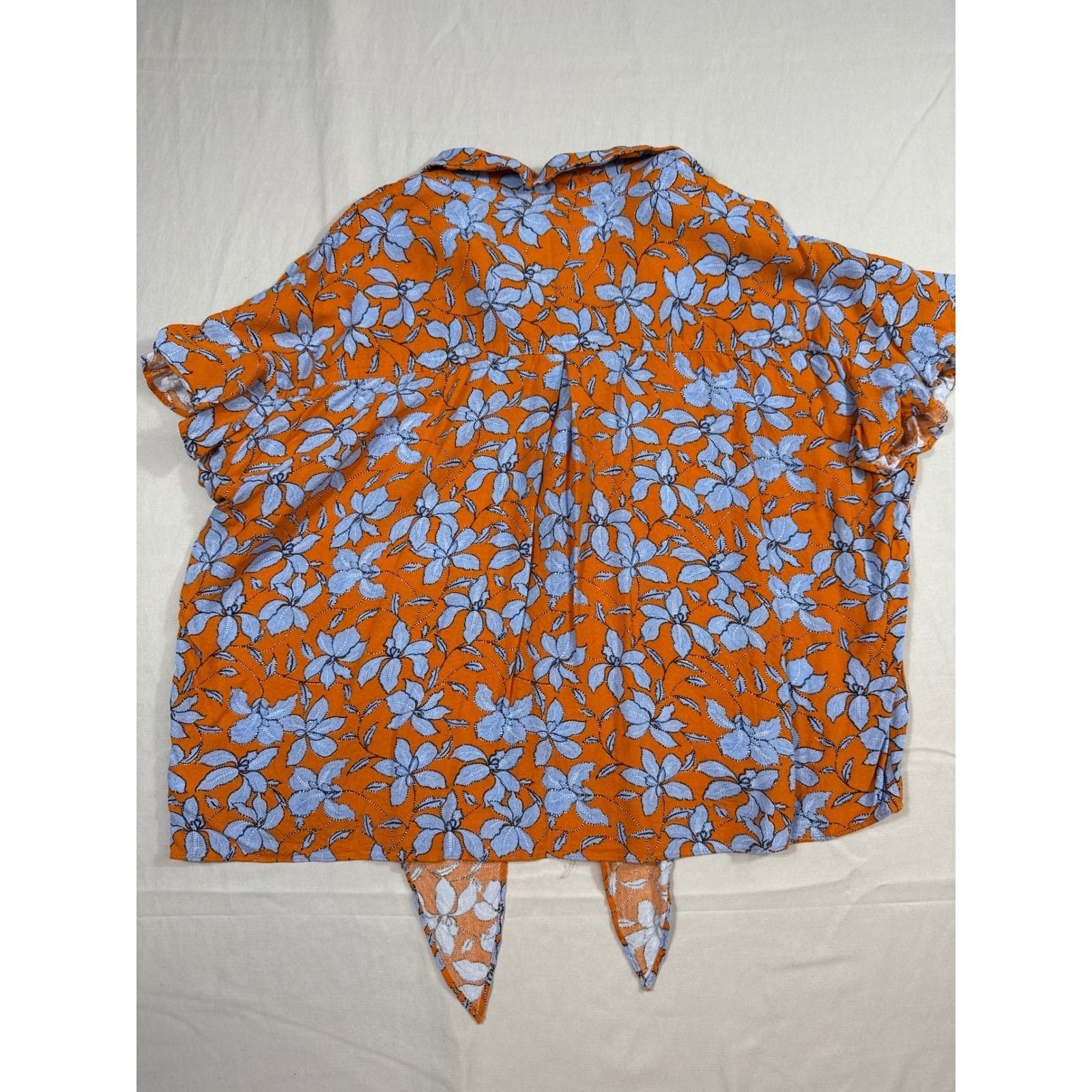Jessica Simpson Womens XL Orange Blue Floral Tie Front Button Down Blouse Top