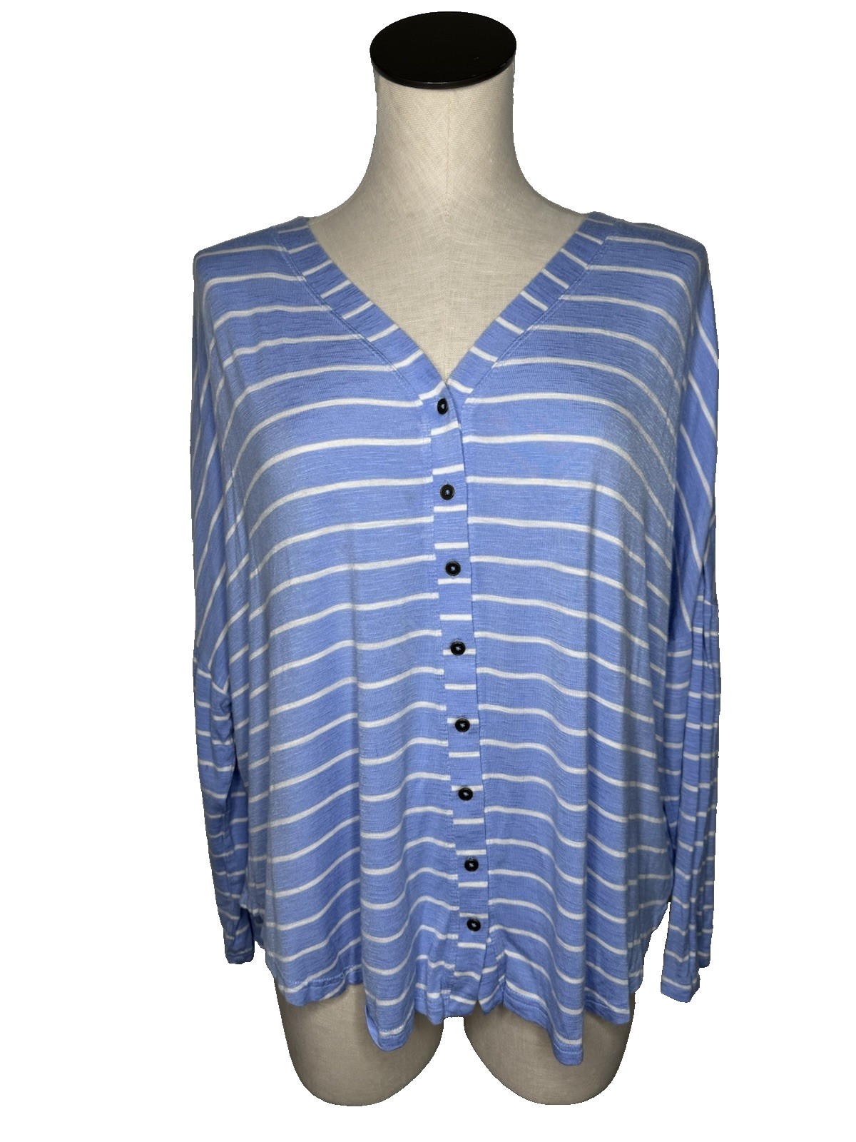 ANA Top Blue Striped 3/4 Sleeve Women’s Size Petite XL V-Neck Button Tunic Shirt