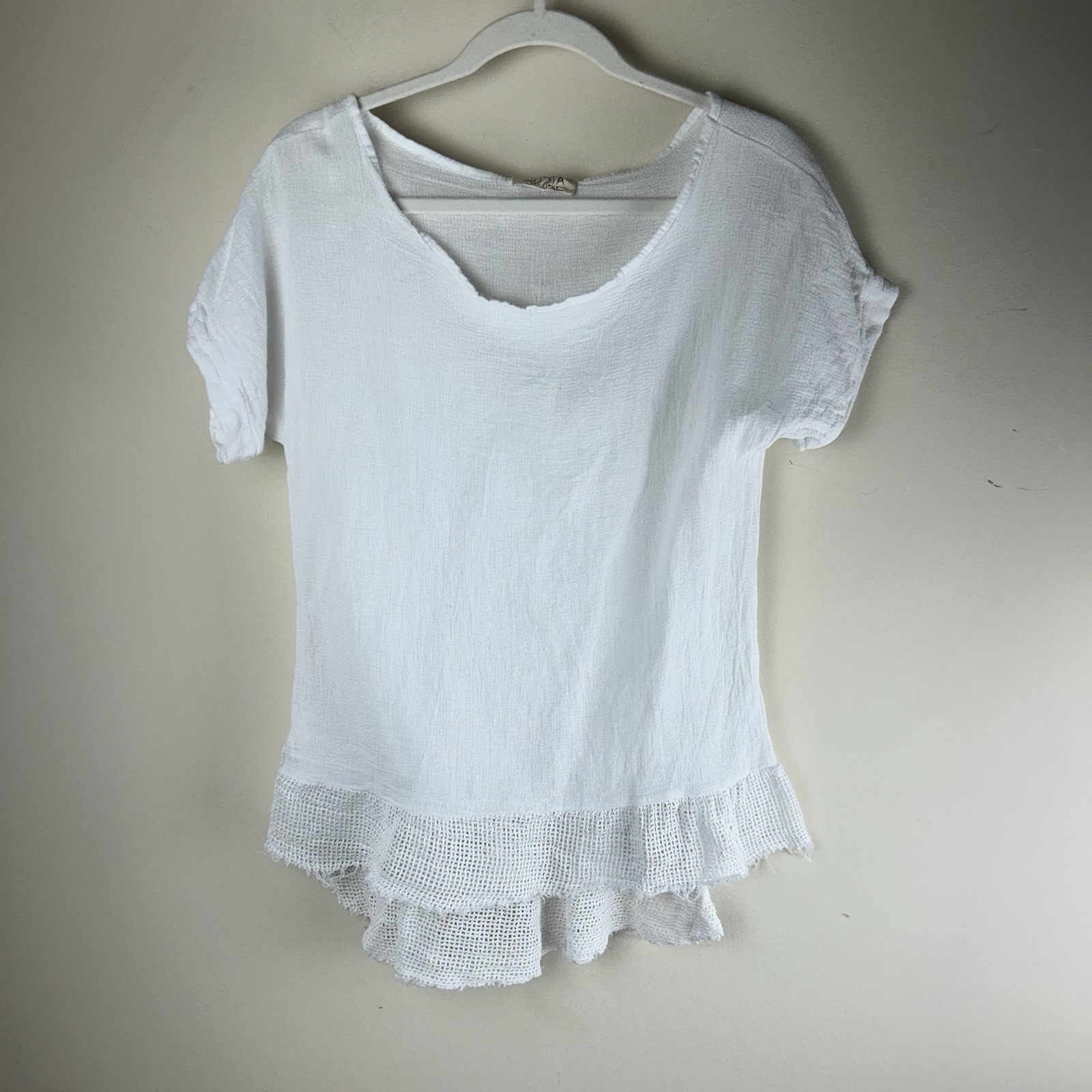 Women’s Made In Italy White Lagenlook Ruffle Layered Hem Linen Blend Shirt Small