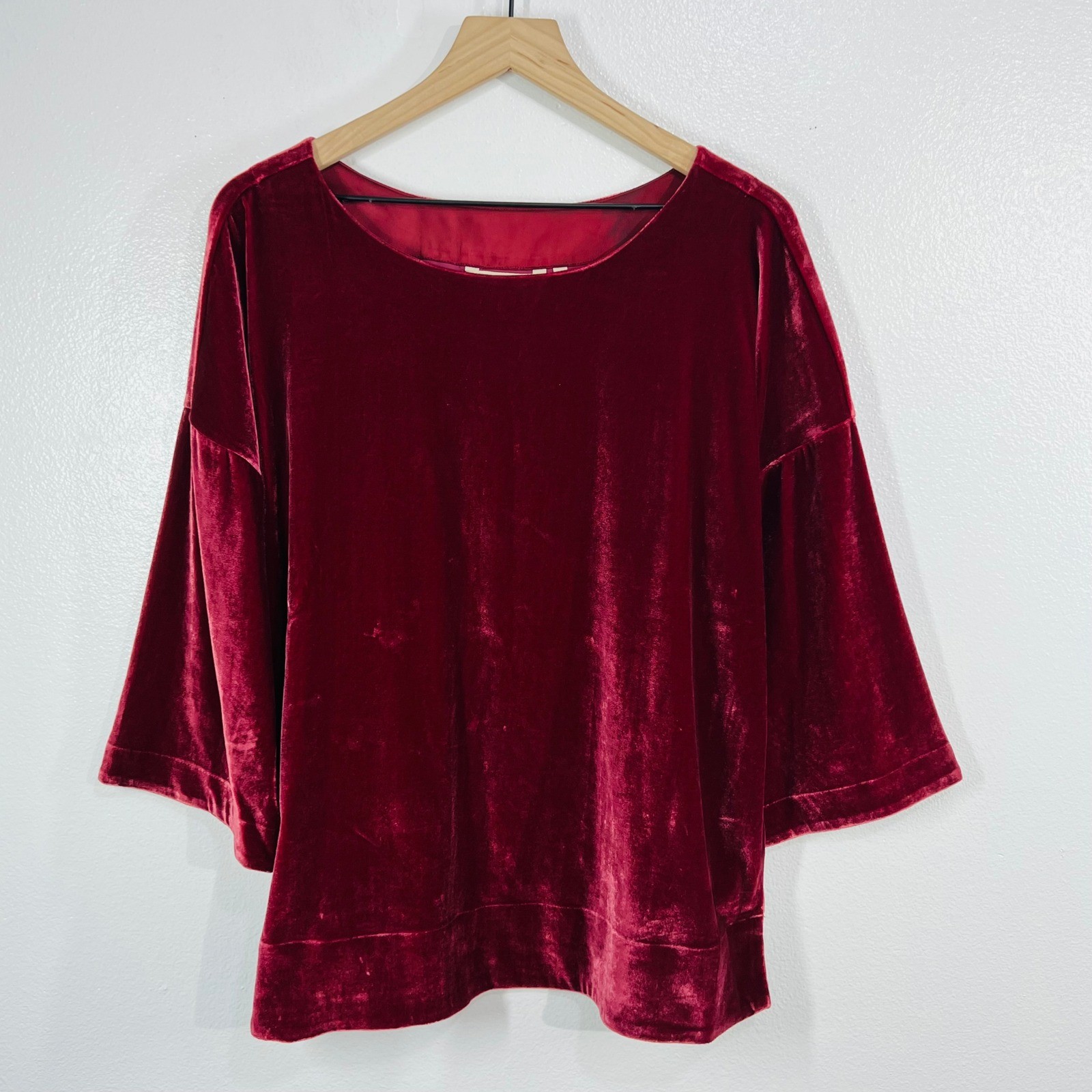 Soft Surroundings Aria Velvet Top XL Cabernet Burgundy Wine 3/4 Sleeve Blouse