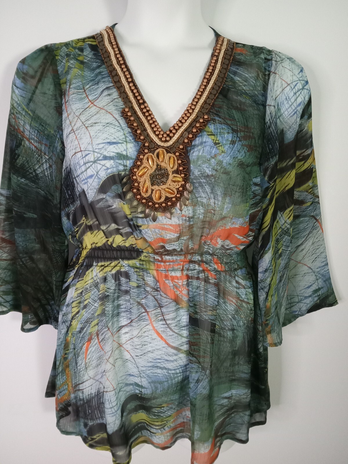 MUSHKA By SIENNA ROSE Women’s Medium Sheer Watercolor Tunic Beads Embroidery Top