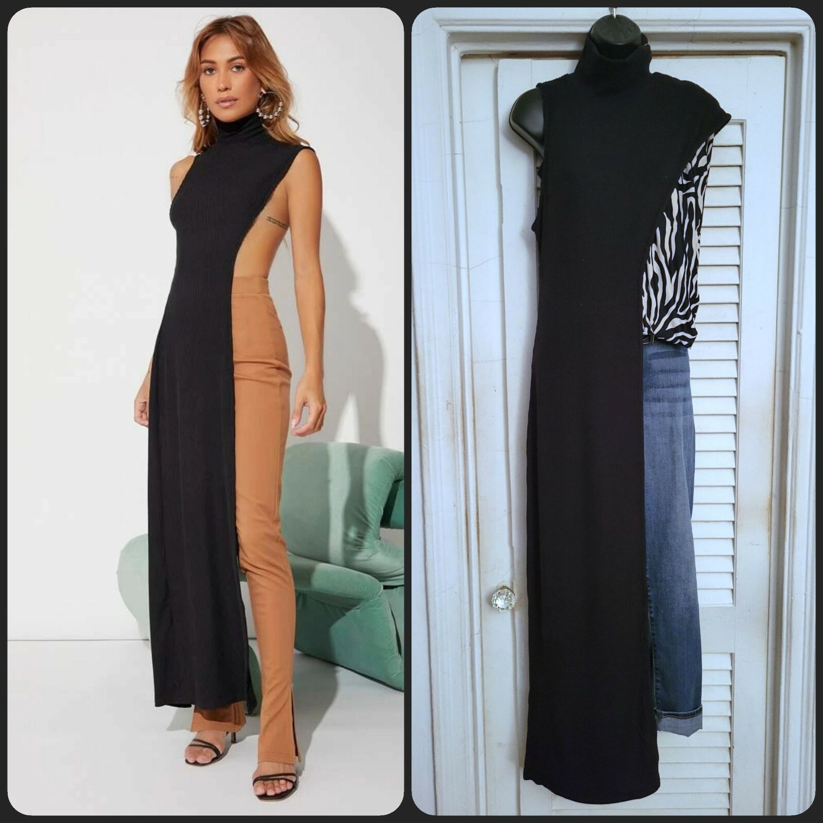 Elegant Ribbed Black Mock Neck Split Thigh Longline Asymmetrical Pullover Top L