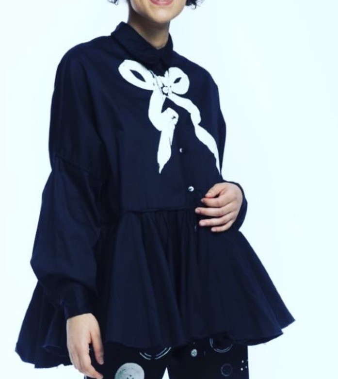 Paper Temples Lagenlook Black White Ribbon 3/4 Sleeve Ruffle Tiered Button Up OS