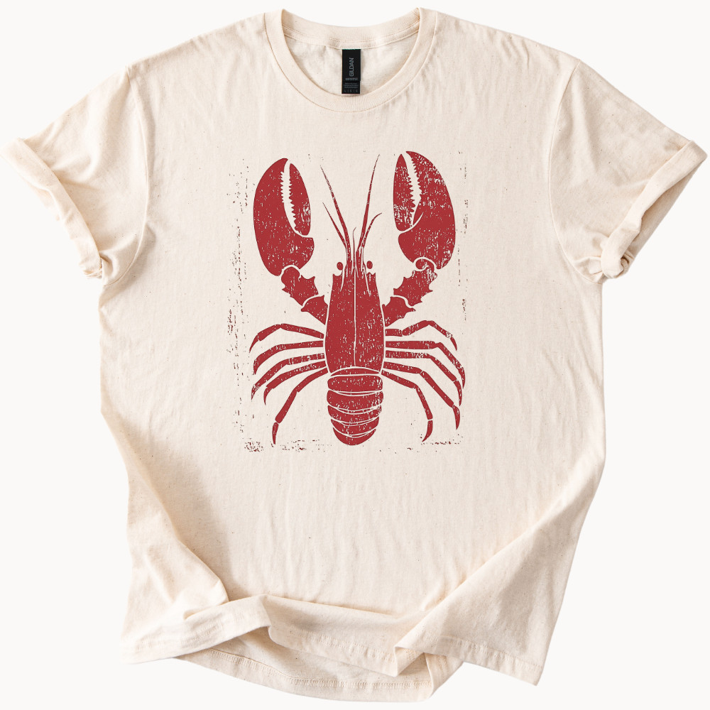 Lobster Graphic T-Shirt, Retro Lobster Print Tee, Coastal Beachwear Shirt Summer