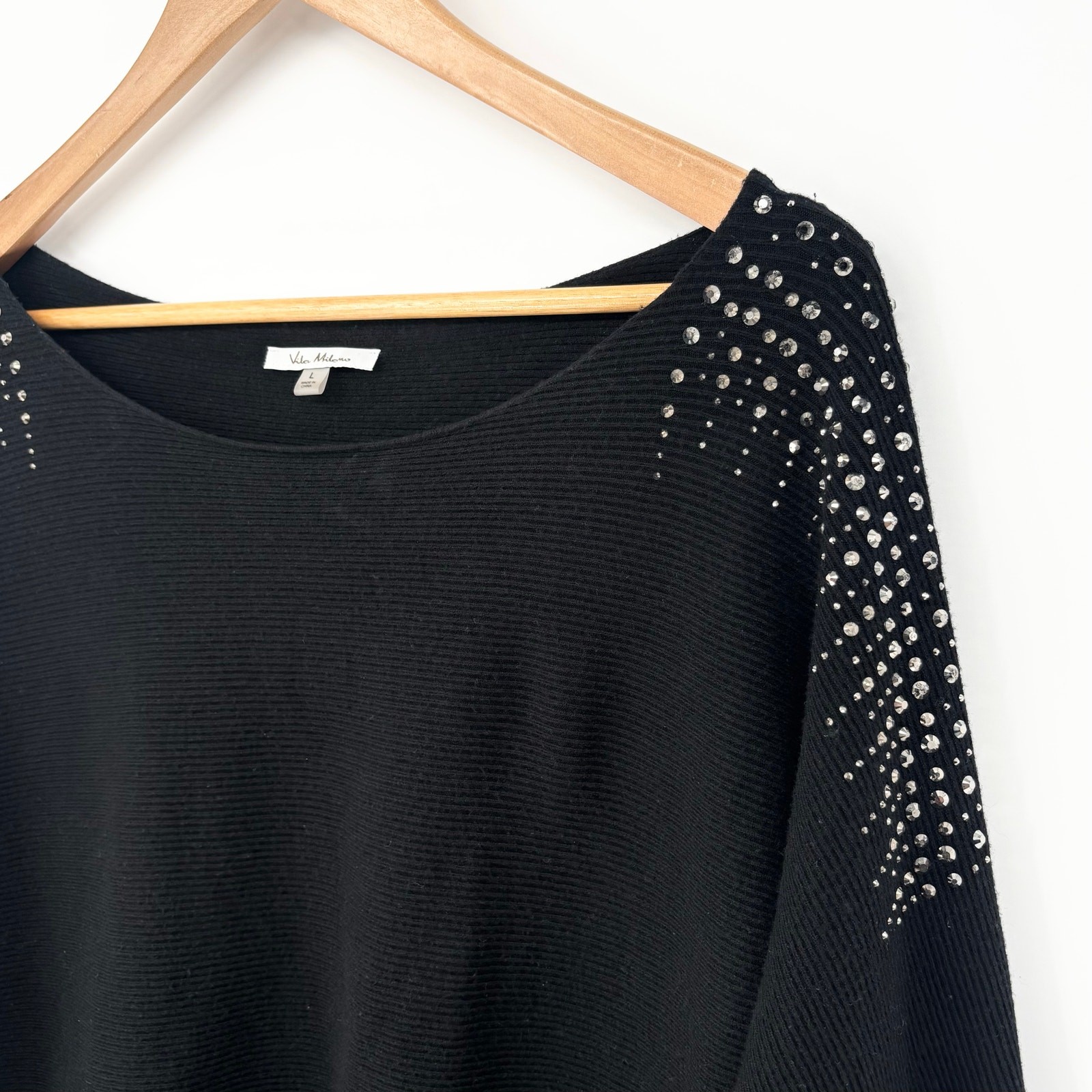 Vila Milano Studded Black Crystal Shoulder Ribbed Stretch Top Size L