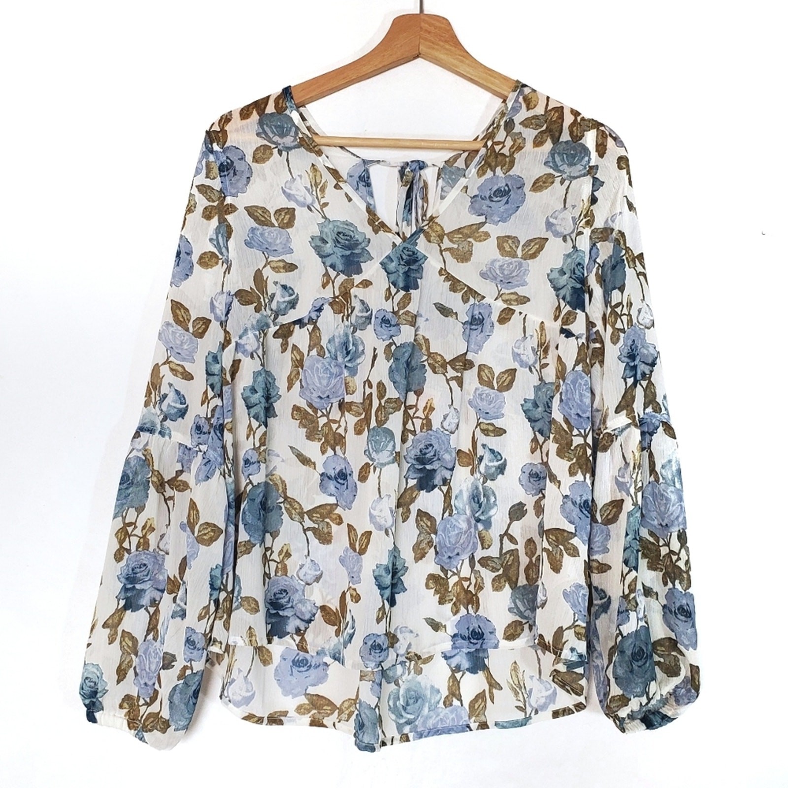 Mossimo Size Small Flowy Floral Semi-Sheer Tie Back Blouse Long Sleeve
