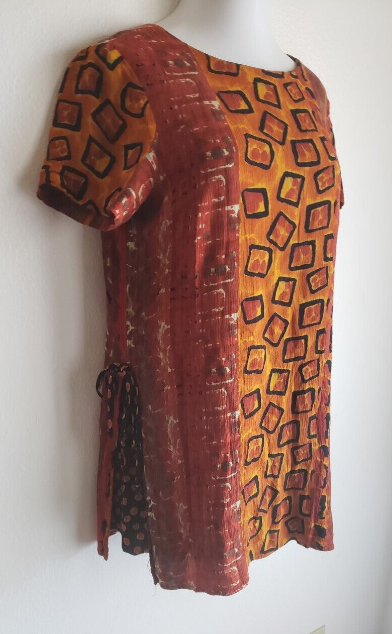 St Tropez West Sz 14 tunic top layered look orange/black print crinkle bust 44″