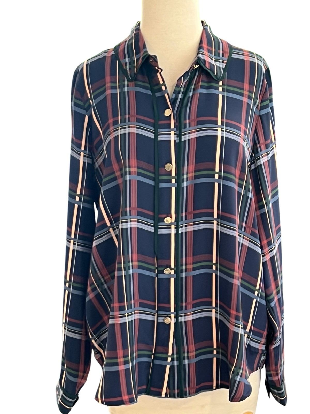 Marie Oliver 100% Silk Button Up Blue Check Blouse Size M EUC