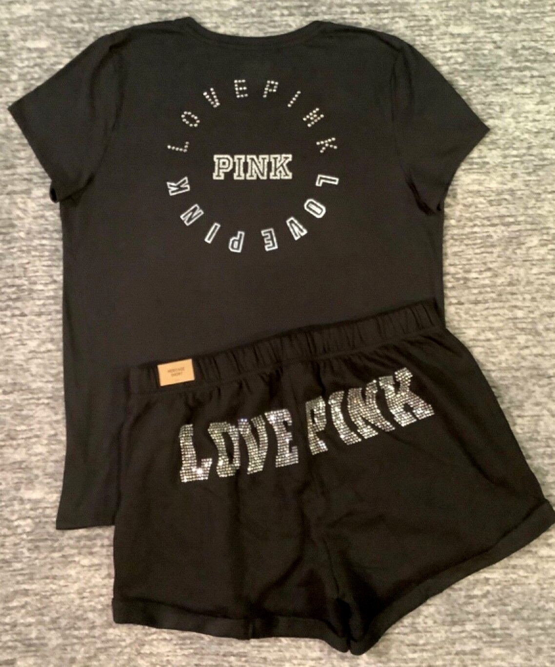Victoria’s Secret Pink Bling Rhinestone Tee Shirt + Shorts Set Black Silver XL