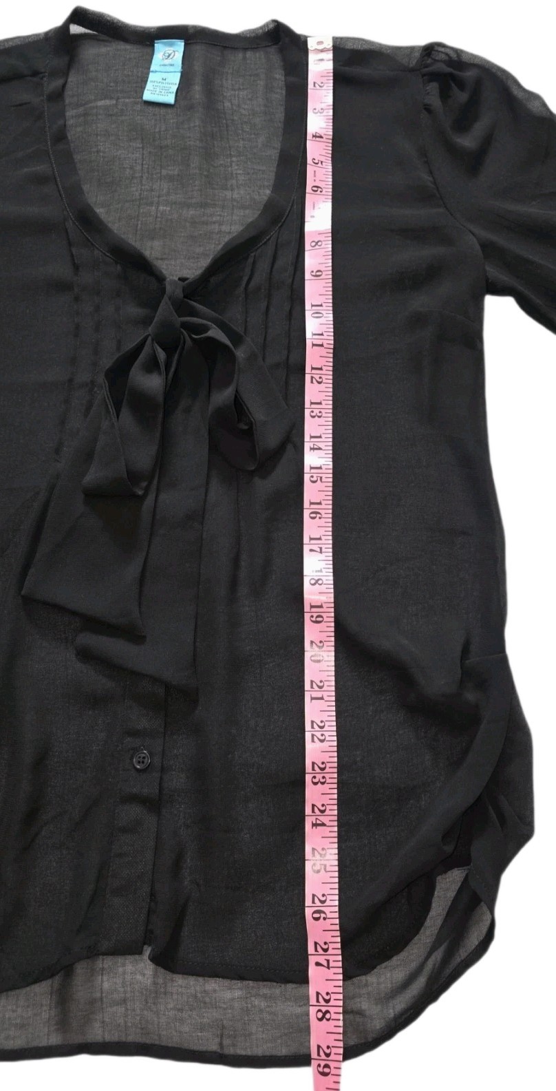 D Collection Black Button Up Pleate Front Tie Ruched Sheer Blouse Women’s Size M
