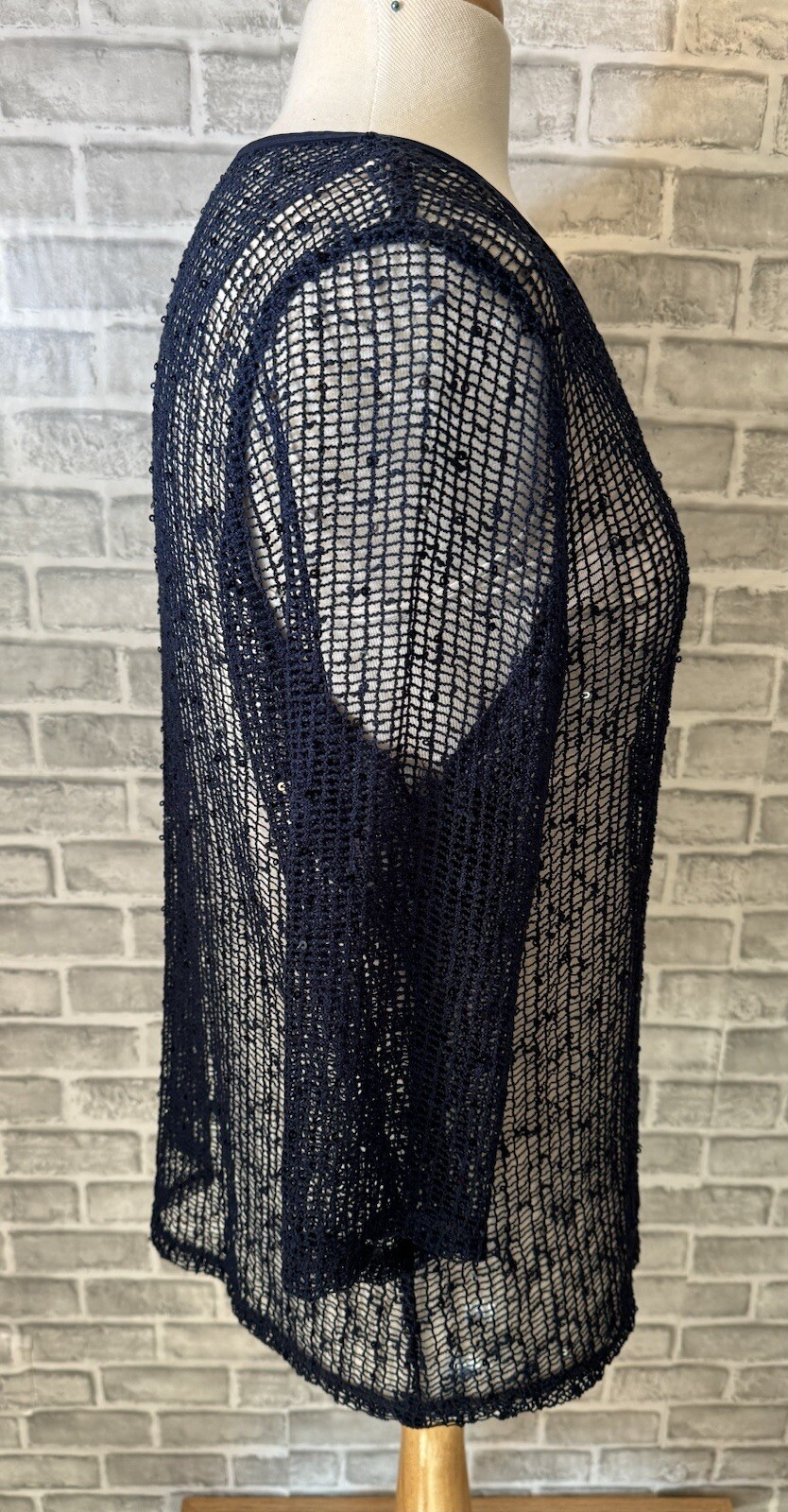 Drapers and Damons XL Navy Blue Sequined Loose Weave Mesh Pullover Top 3/4 SLV