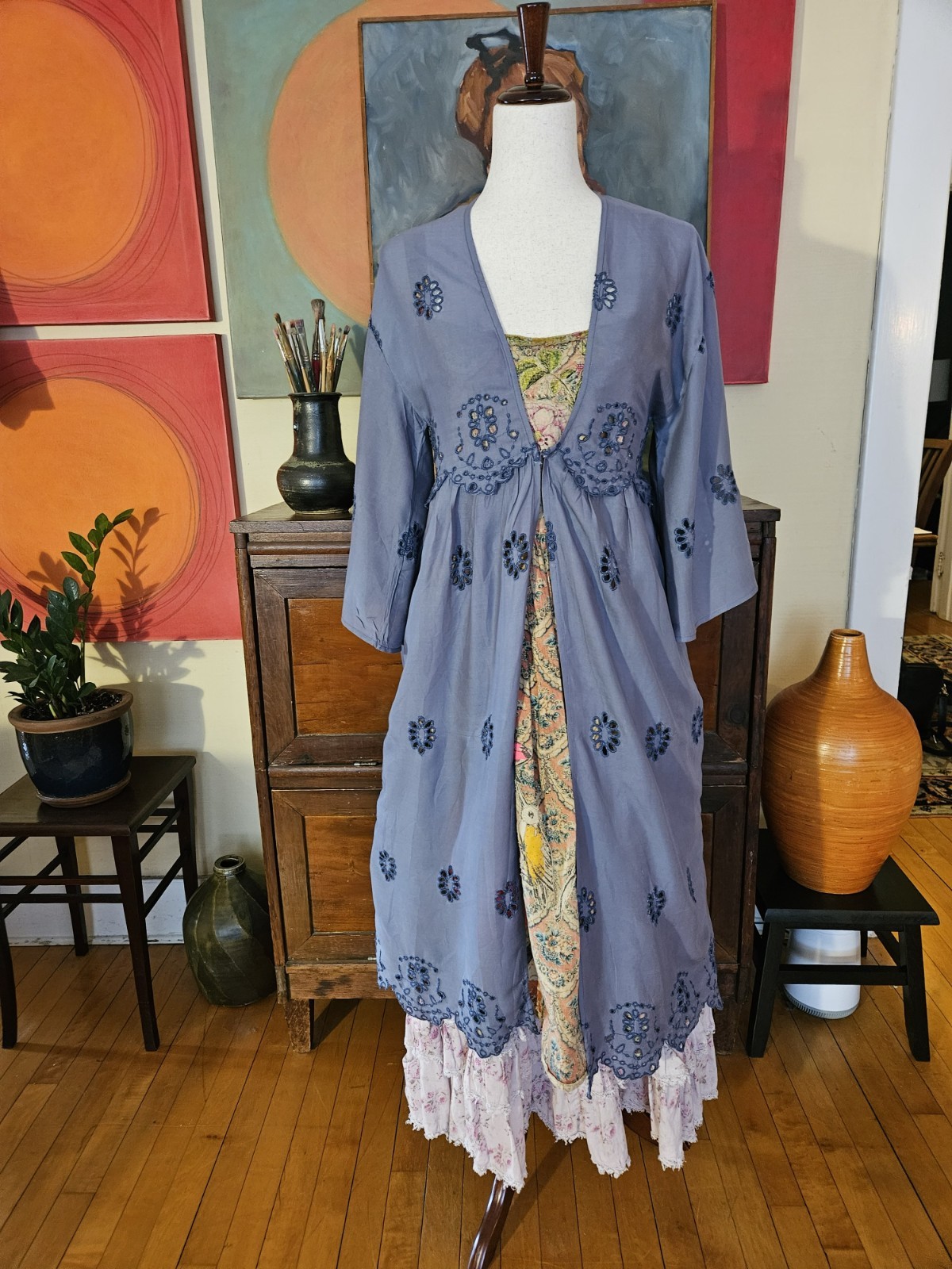 American Eagle Duster XS/S Festival Long Eyelets Boho Blue w Magnolia Pearl