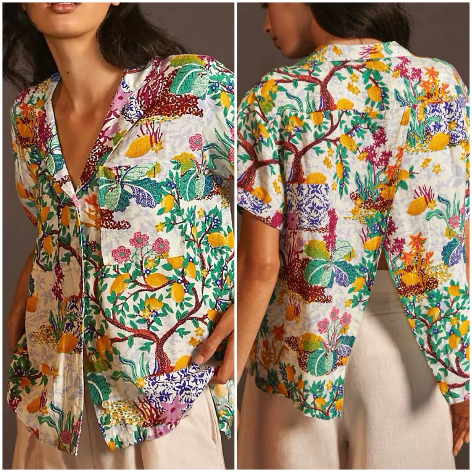 NWT Anthropologie Medium Maeve Lemon Print Oversized Buttondown Surf Shirt Top