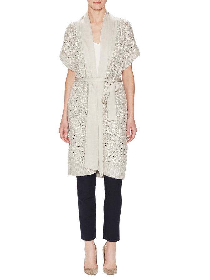 $3190 New Oscar de la Renta Knit Silk Cashemere BEIGE Belted Cardigan Birch S L