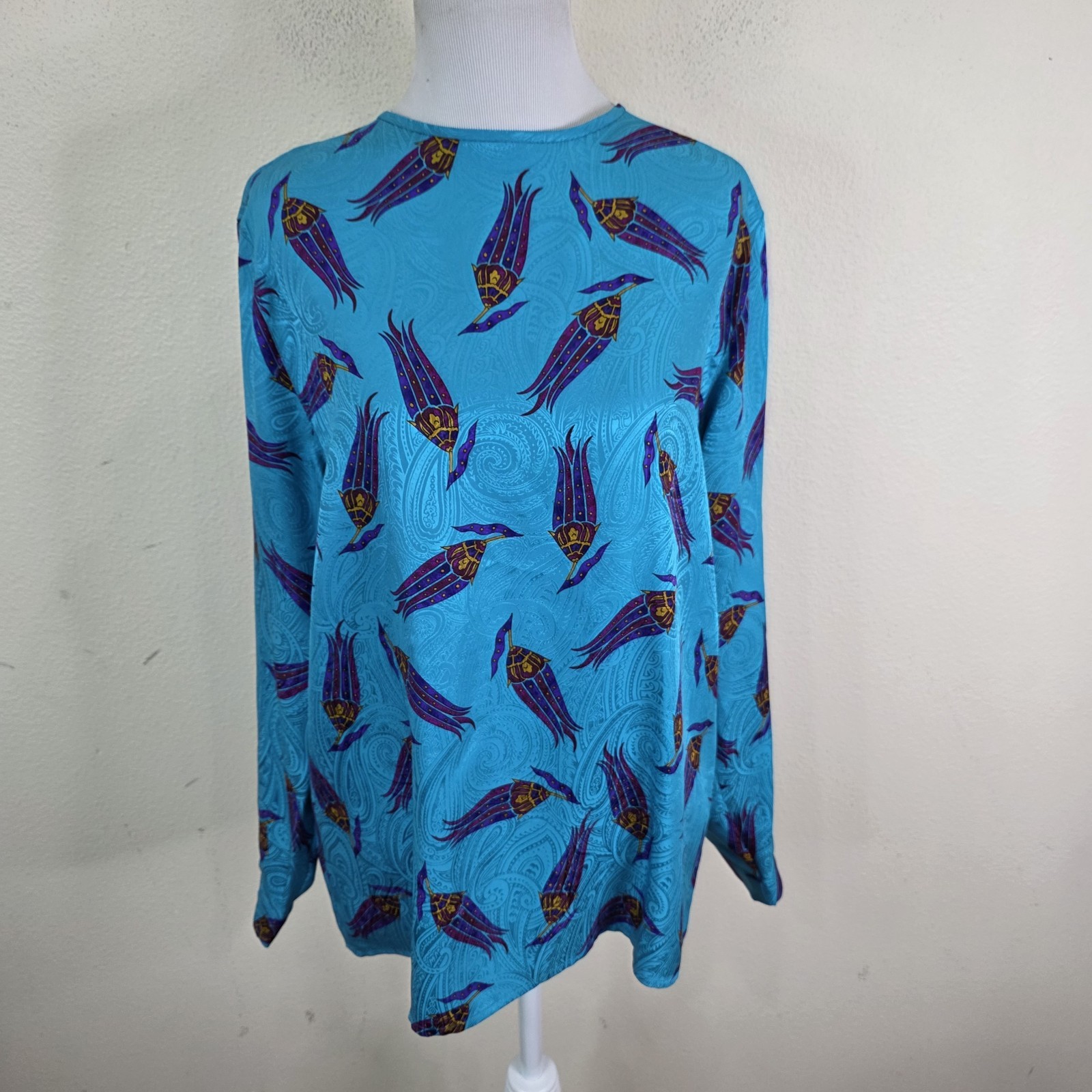 Classiques Entier Turquoise 00% Silk Shirt Long Sleeve Paisley Blouse Size 8