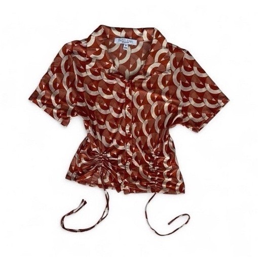 Sweet Rain Orange Geometric Geo Print Cropped Ruched Button Down Shirt Sz M