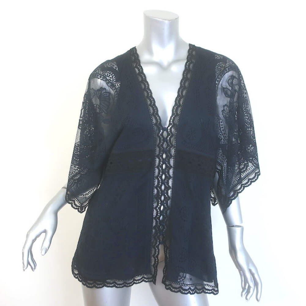 Chloe Button-Front Floral Lace Blouse Navy/Black Size 42 Short Sleeve Top