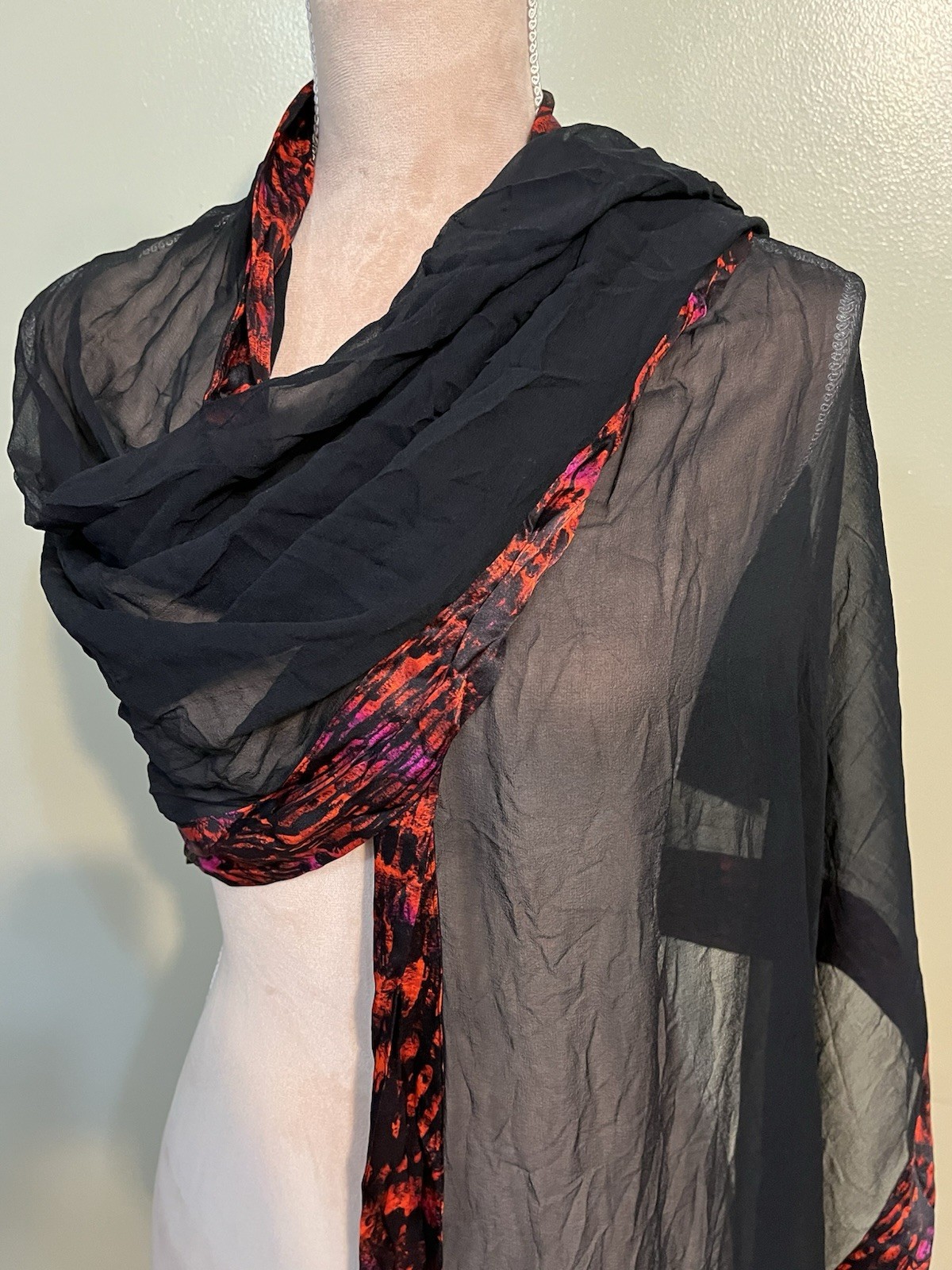 Carmen Mark Valvo Black Sheer 100% Silk with Red and Pink Accents 80”X21”