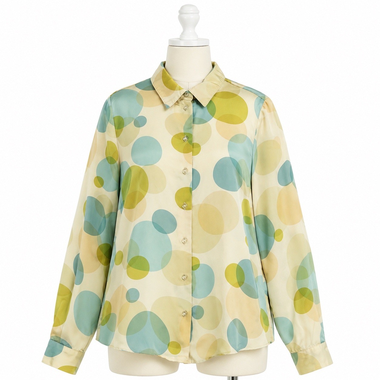 J’envie New York Sheer Bubble Print Button Up Blouse Beige Blue Womens 6 Top