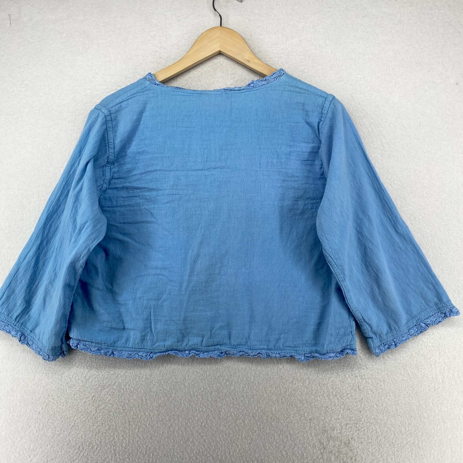 EUCALYPTUS Top Womens S Hand Crafted Crochet Trim Lagenlook Cotton Blue