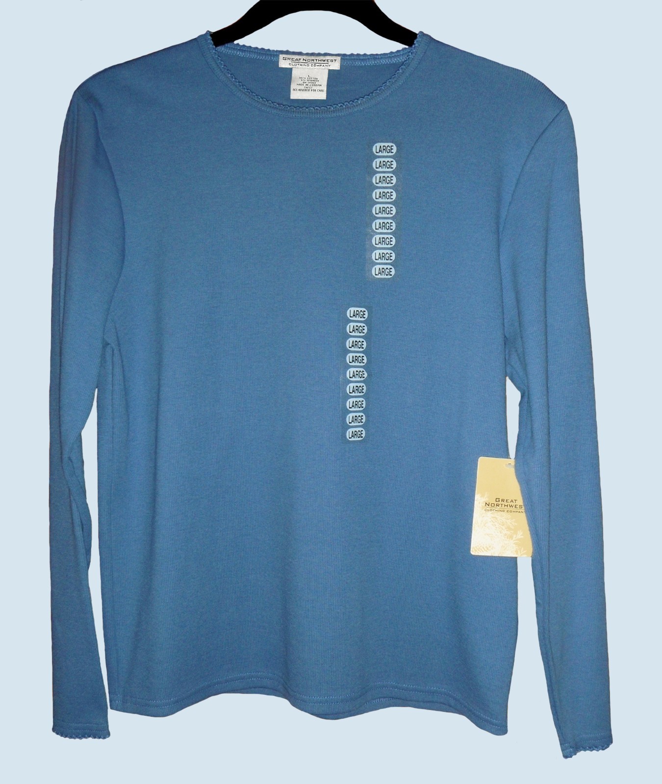 GREAT NORTHWEST DUSTY BLUE LONG-SLEEVED TOP, NWT, BUST TO ABOUT 37″, SIZE LARGE