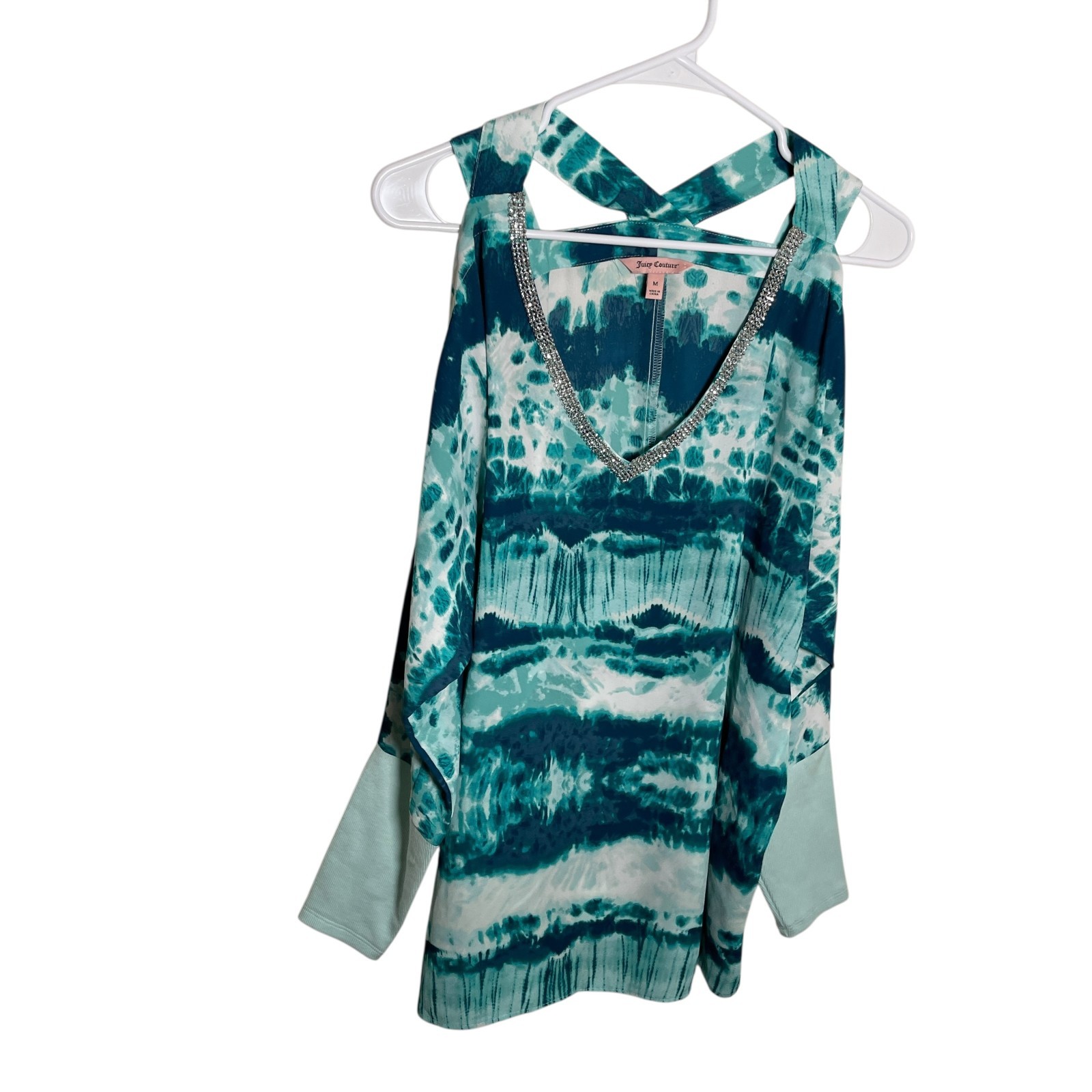 Juicy Couture Blouse Women’s Medium V-Neck Strappy Long Sleeve Rhinestone Top