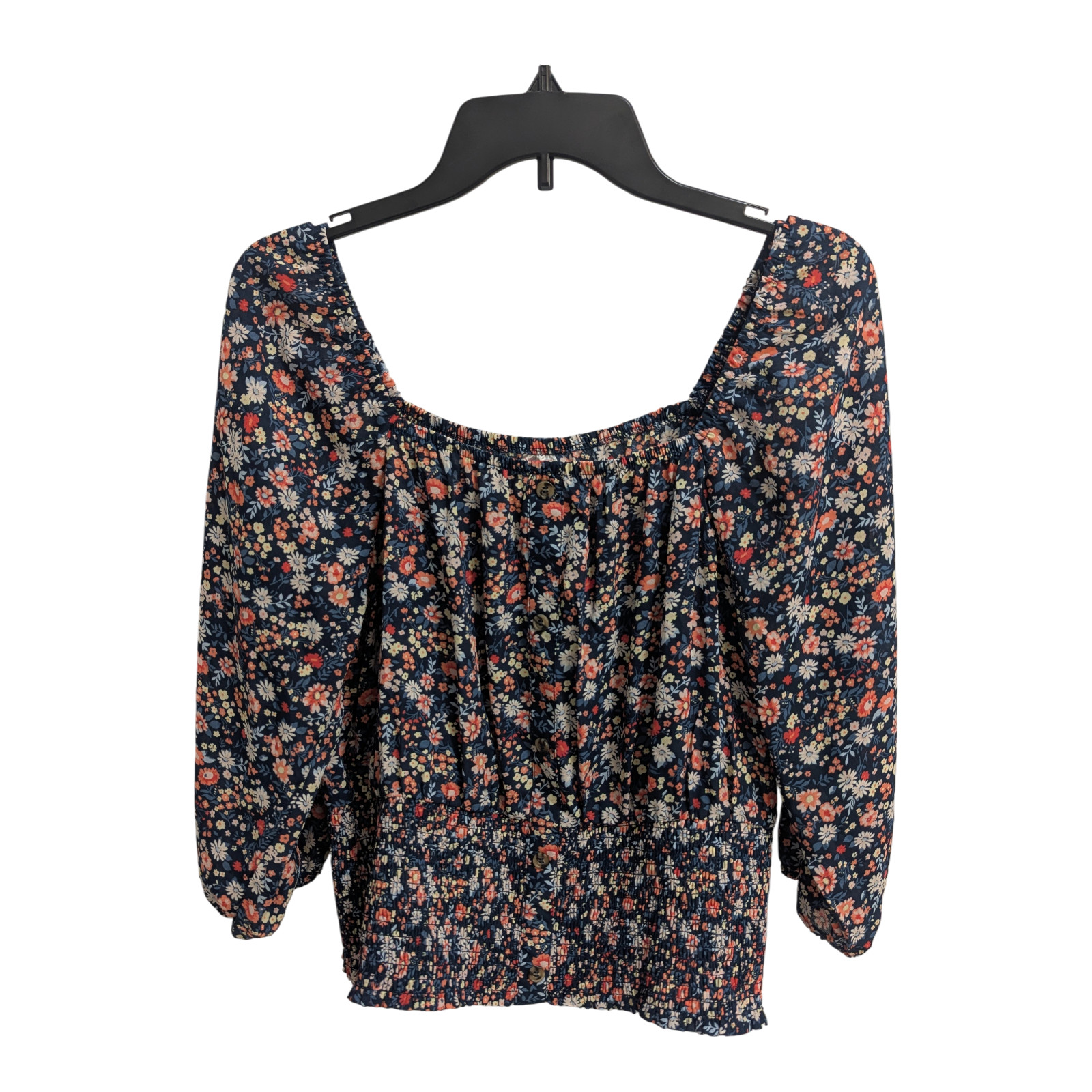 No Boundaries Floral Square Neck Peasant Top XL (15-17) Navy Multicolor NWT