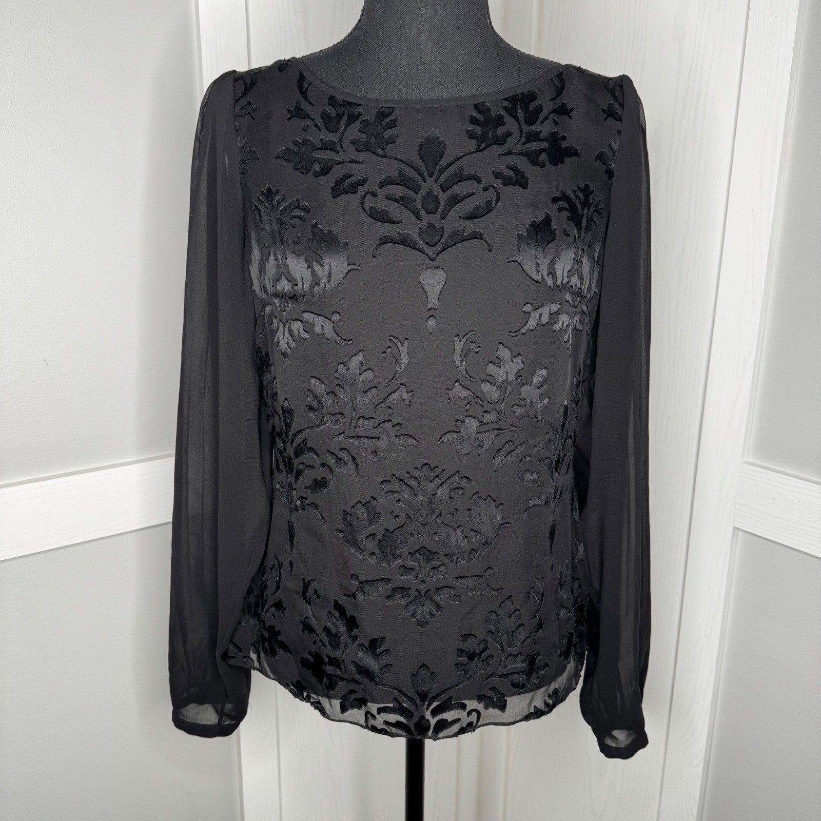 White House Black Market Blouse Womens 6 Black Velvet Burnout Silk Blend Sheer
