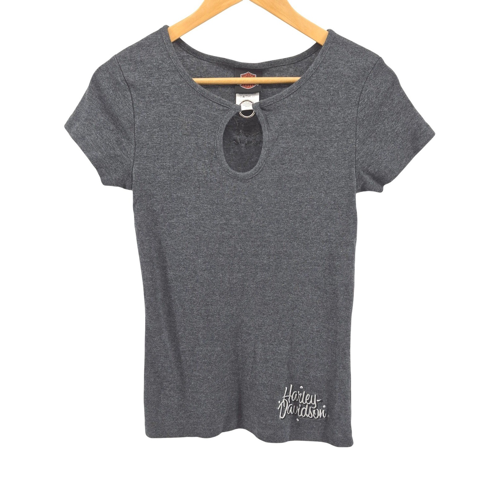 Harley Davidson Womens Charcoal Grey Keyhole Neck T Shirt Sz M Y2K Motorcycle