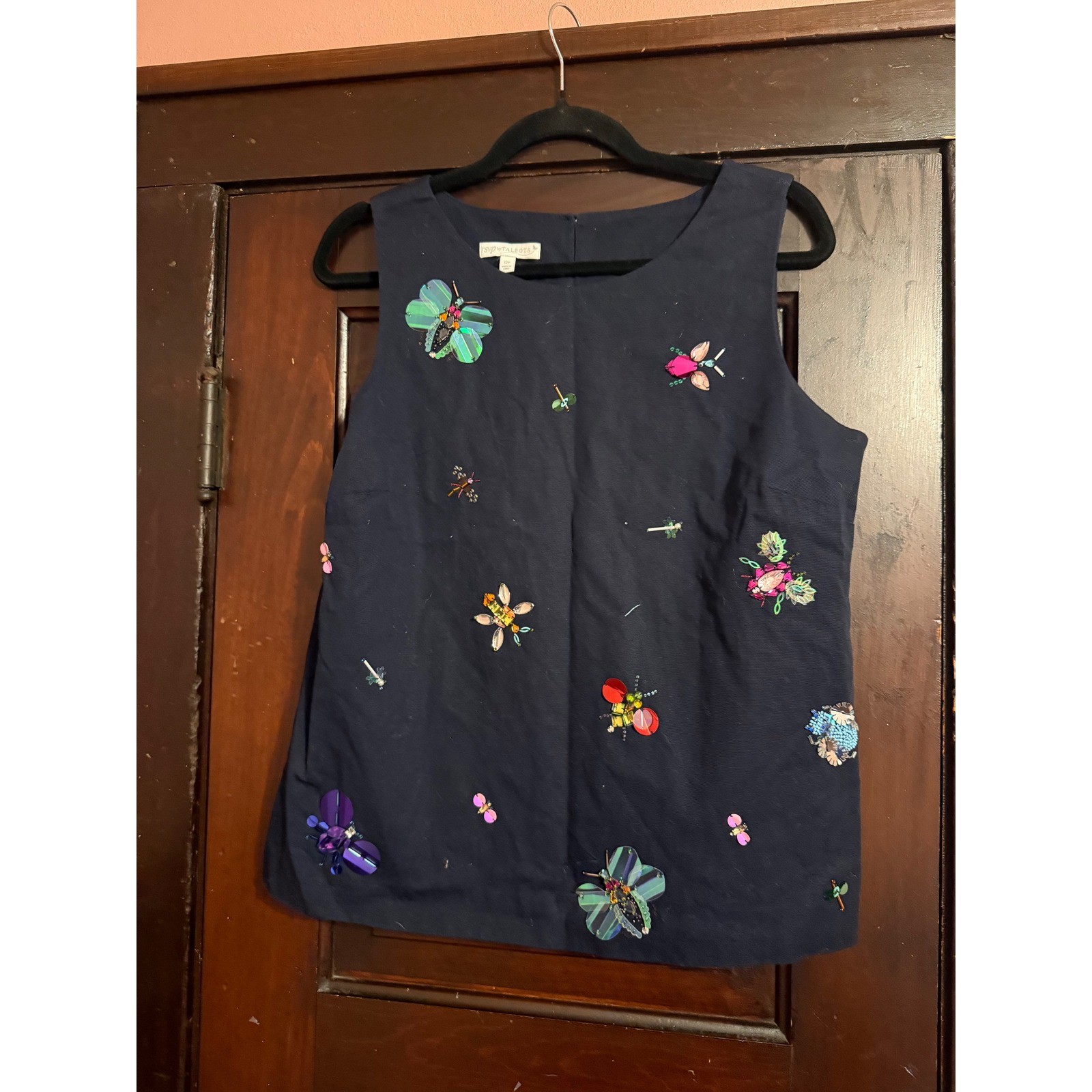 RSVP by Talbots Navy Blue Beaded Sequin Butterfly Bee Shell Top Sleeveless 12P