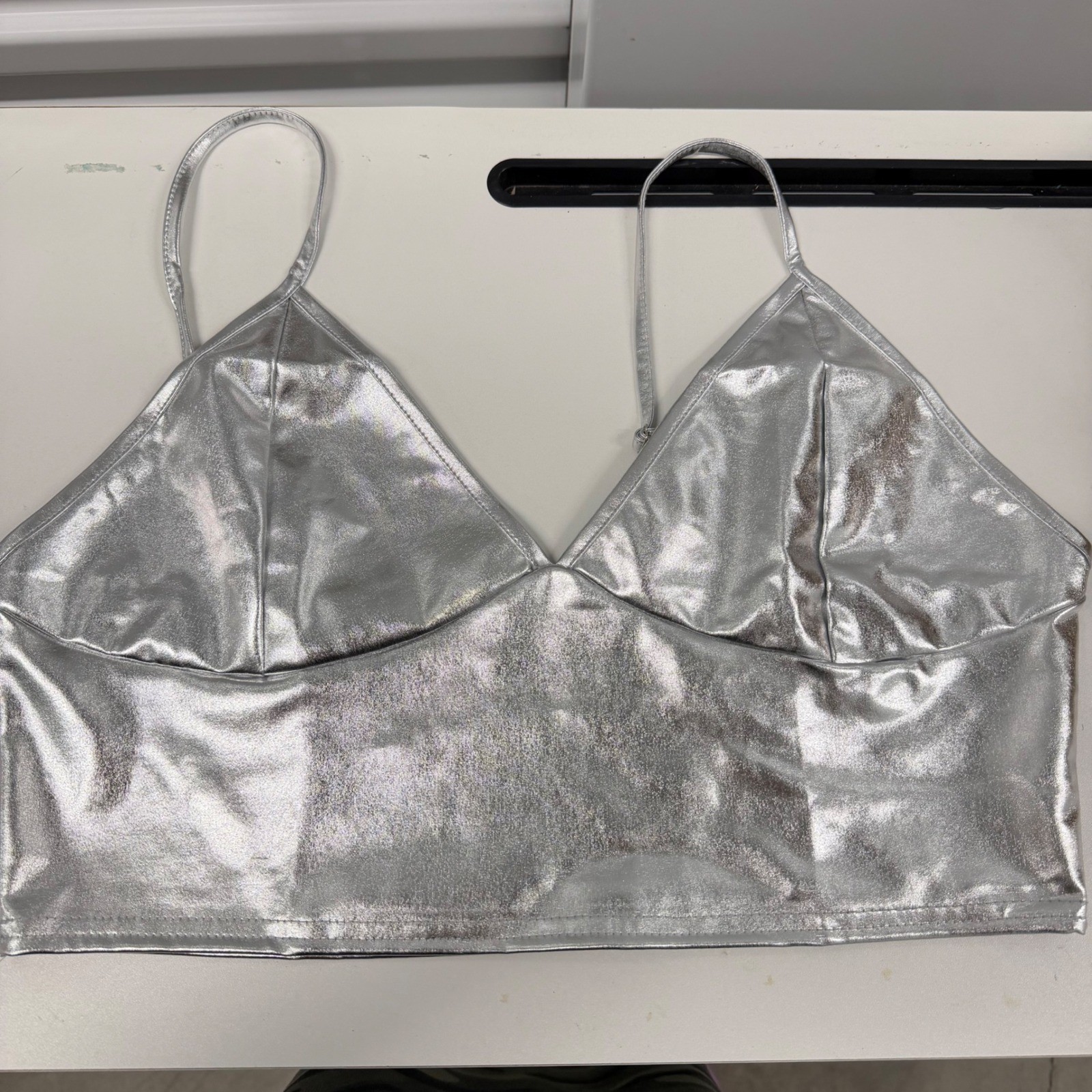 Metallic Silver Crop Top Bralette Adjustable Straps Festival Party Shimmer