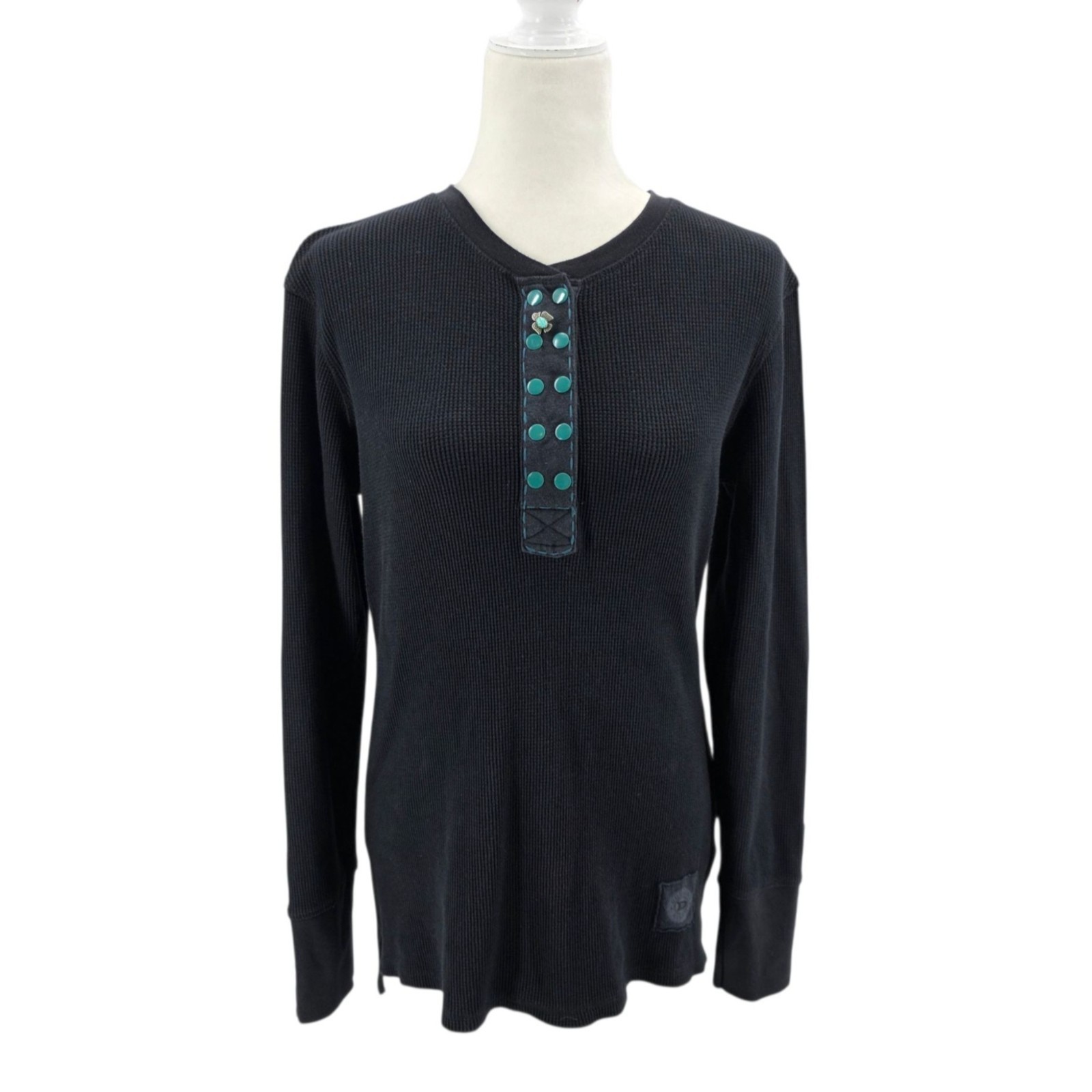 Double D Ranch Womens Small Top Henley Thermal Waffle Knit Snap Button Western