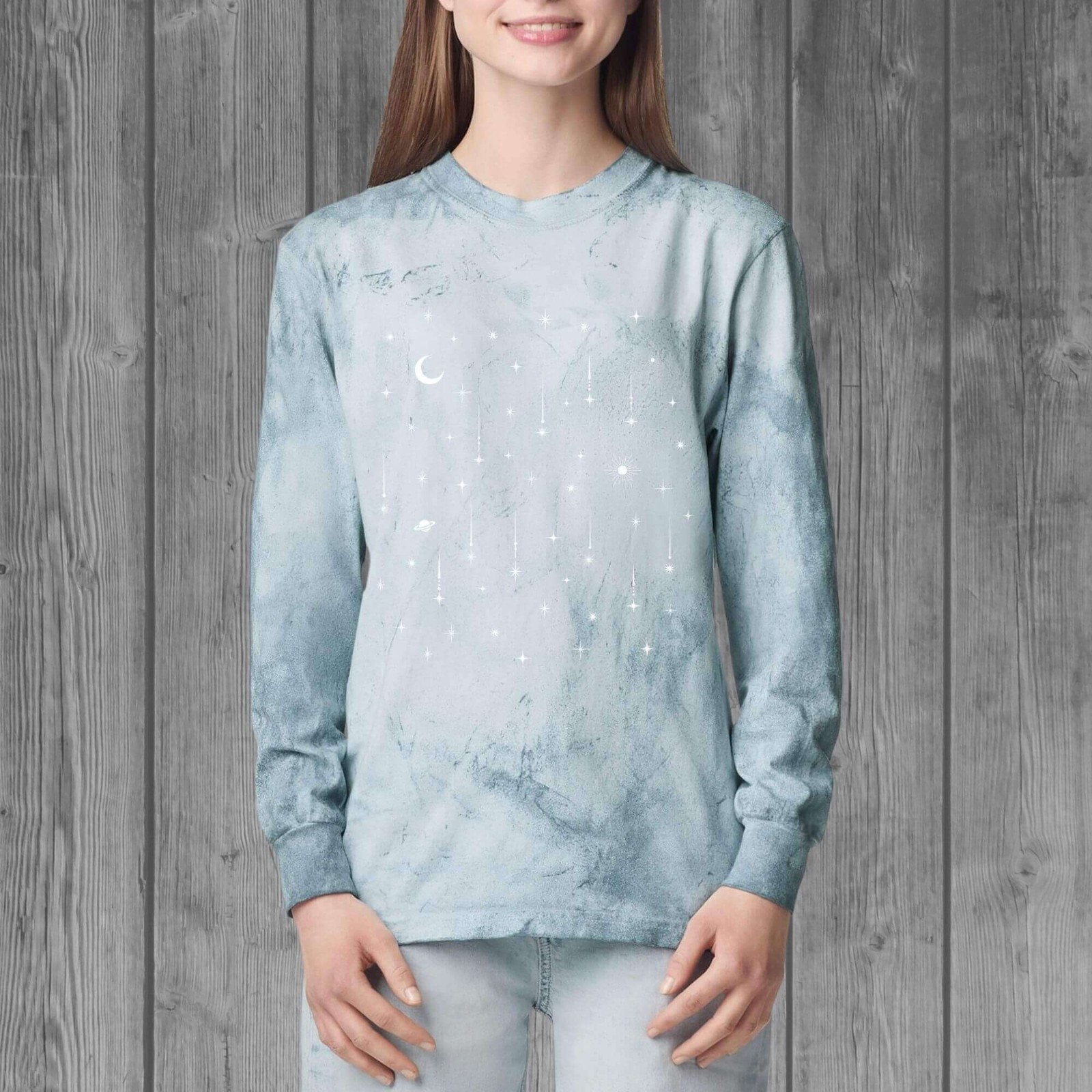 Shooting Stars Blue Tie Dye Long Sleeve Shirt Women | 100% Cotton Comfort Colors