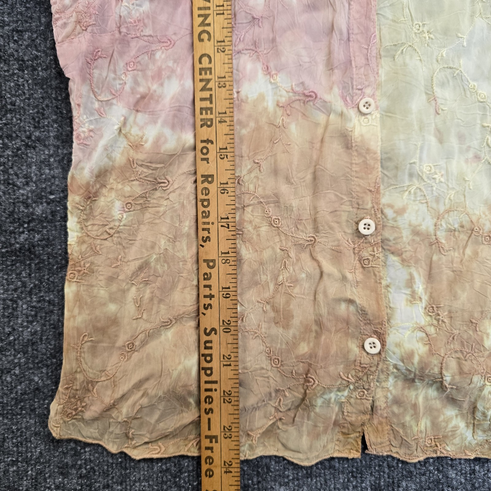 Vintage 90s Tie Dye Yellow Pink Floral Embroidered Button Down Size M Boho Fairy