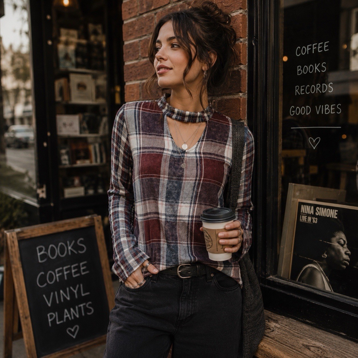 90s Grunge Plaid Choker Neck Top XS Burgundy Blue Rayon Fall Goth Indie Boho