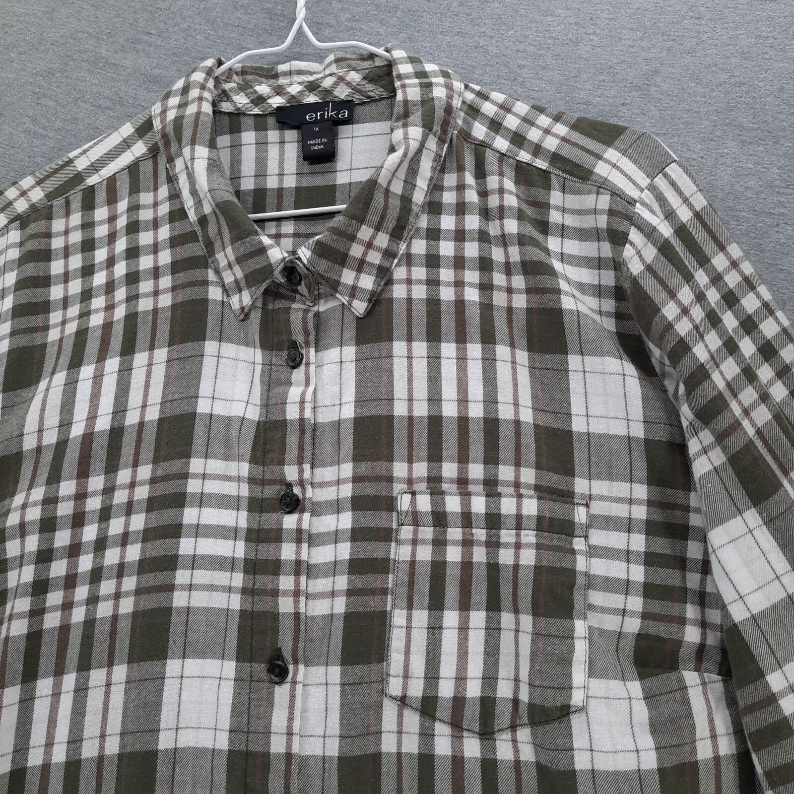 Erika Shirt Women 1X Green White Brown Plaid Lightweight Flannel Cotton ESME