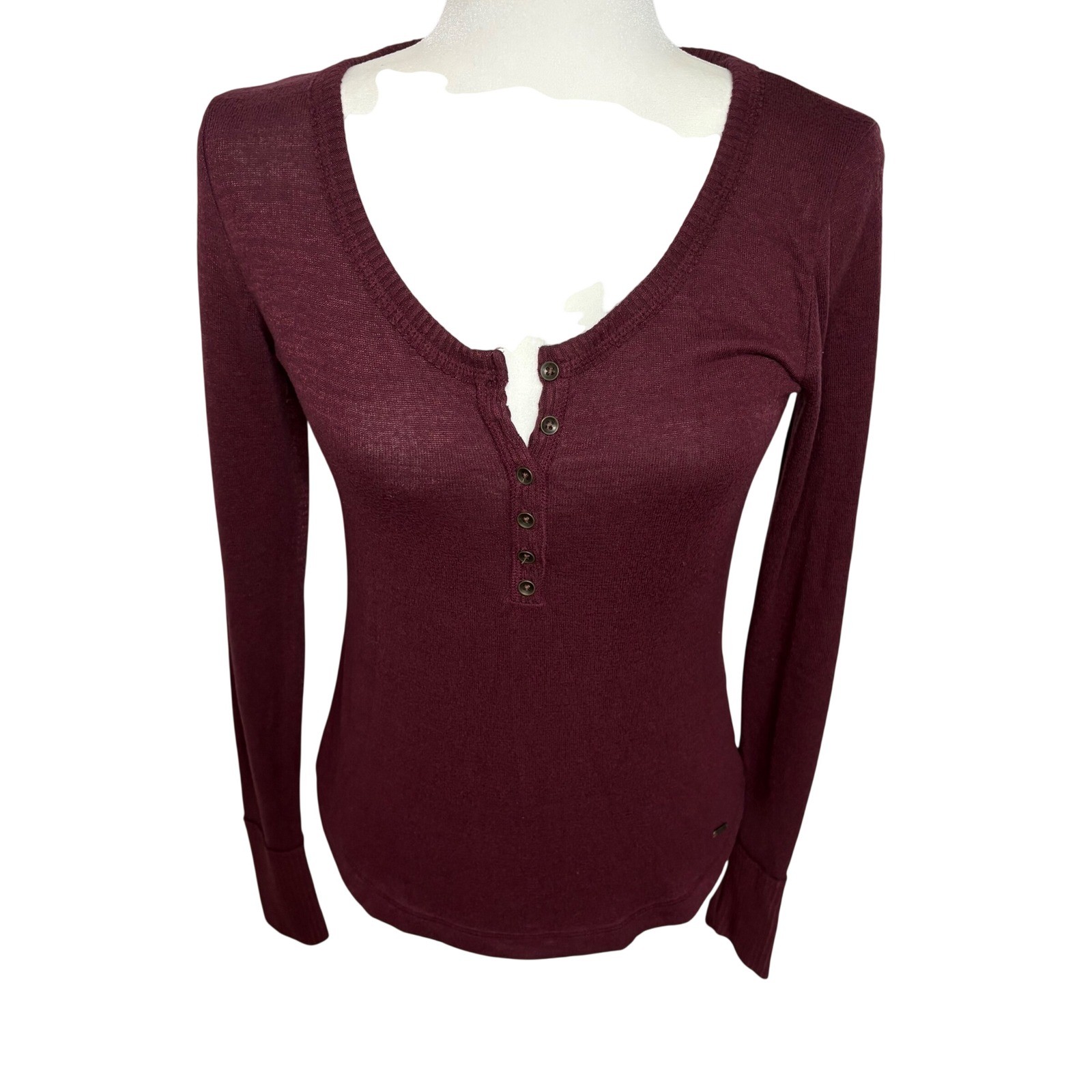 Abercrombie & Fitch Soft A&F Burgundy Henley V-Neck Long Sleeve Top Small y2k