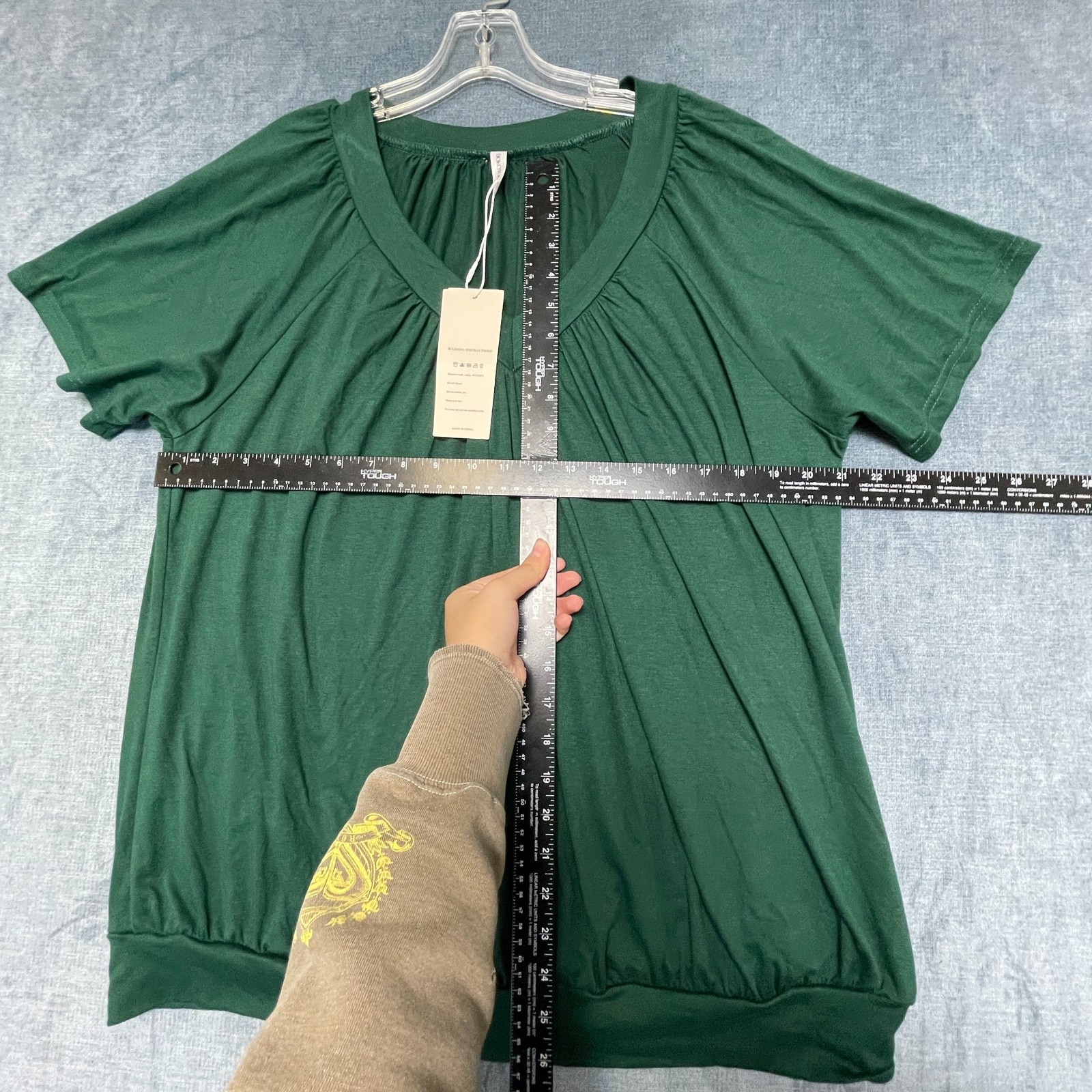 Dokotoo Blouse Top Womens XL Dark Green Summer Wear Pleated V-Neck Shirred Hem