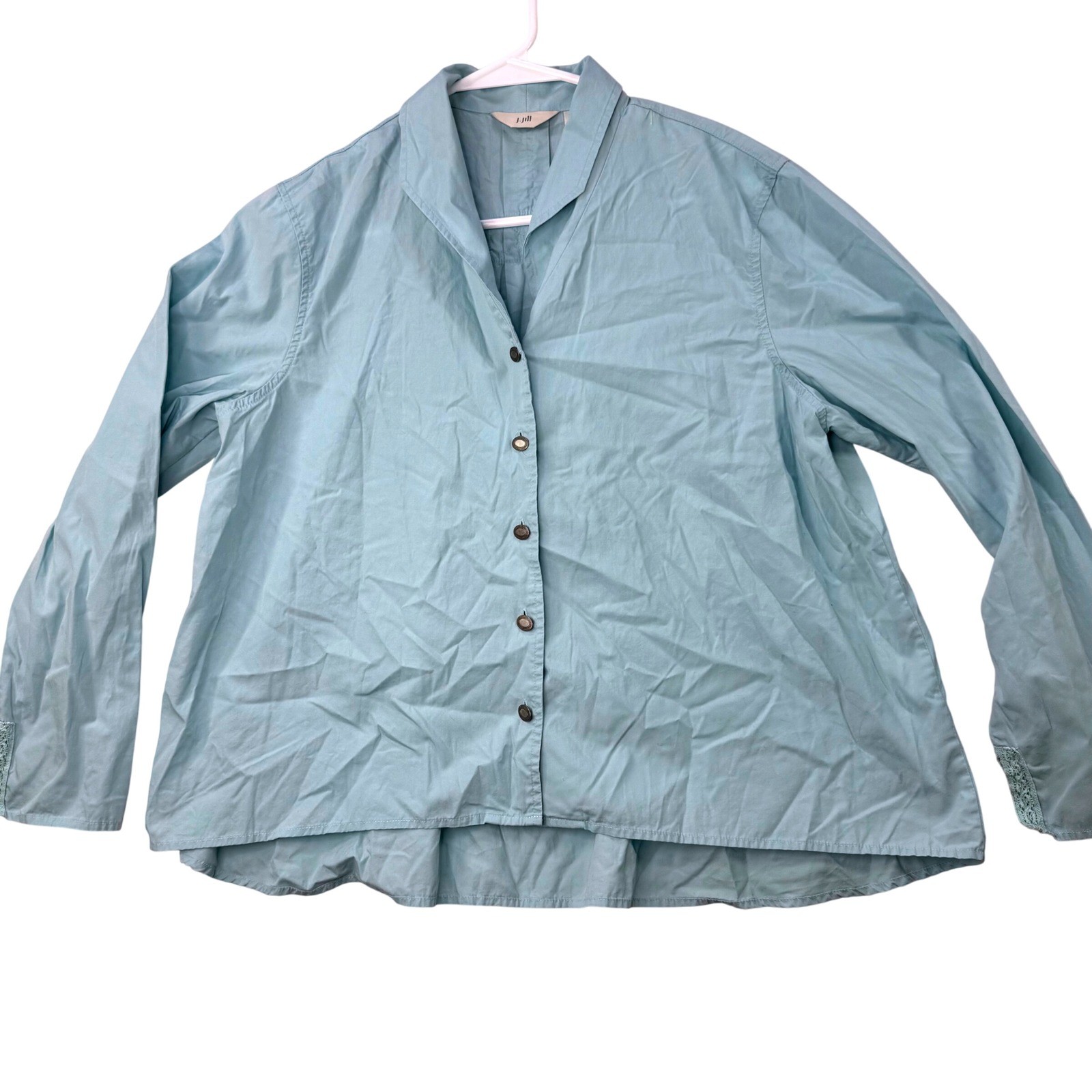 J. Jill Button Down Shirt Women MP Light Blue Cotton Lace Trim Coastal Casual