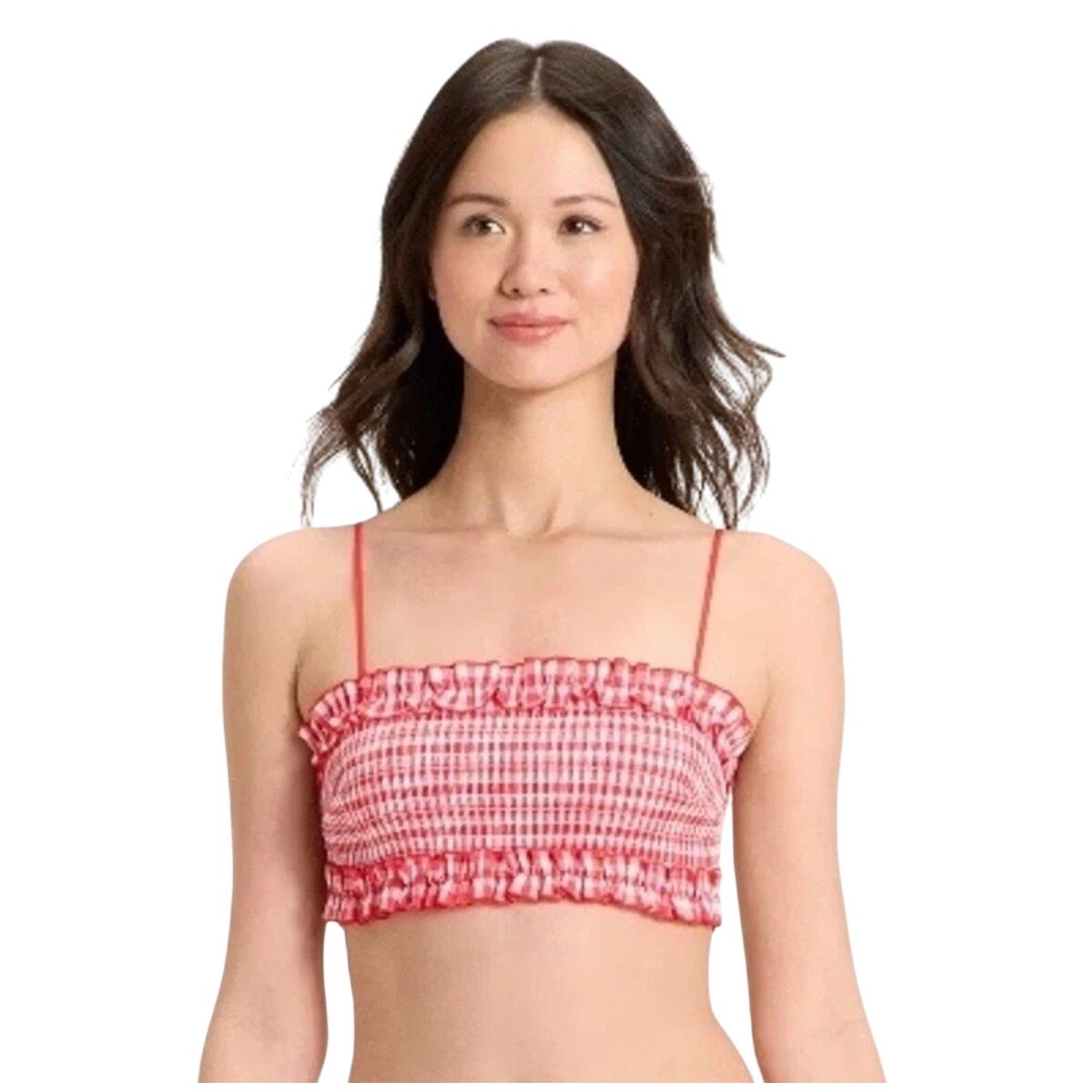 Colsie Red White Gingham Smocked Ruffle Crop Top Spaghetti Strap Women Size S