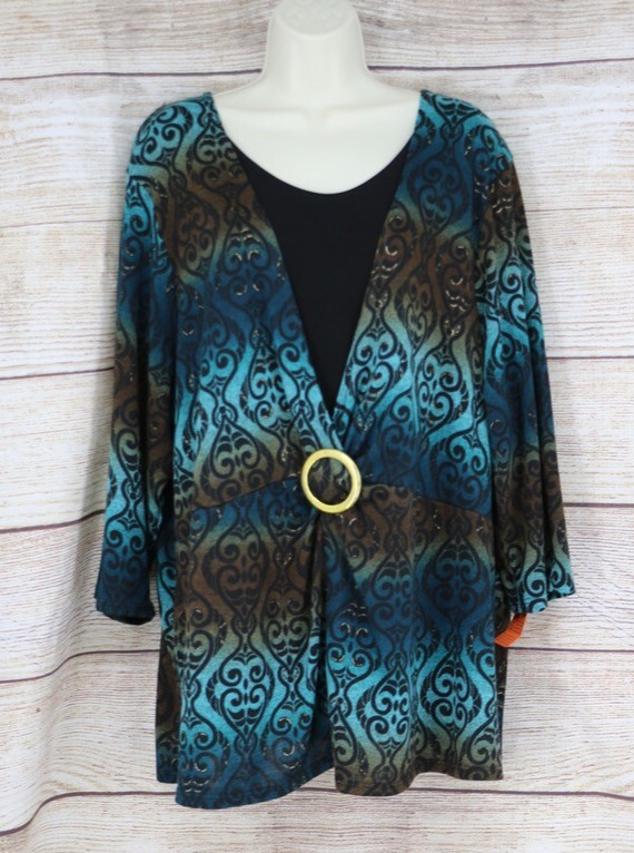 Maggie Barnes Womens Plus Size 2X 3/4 Sleeve Floral Blouse Blue Black