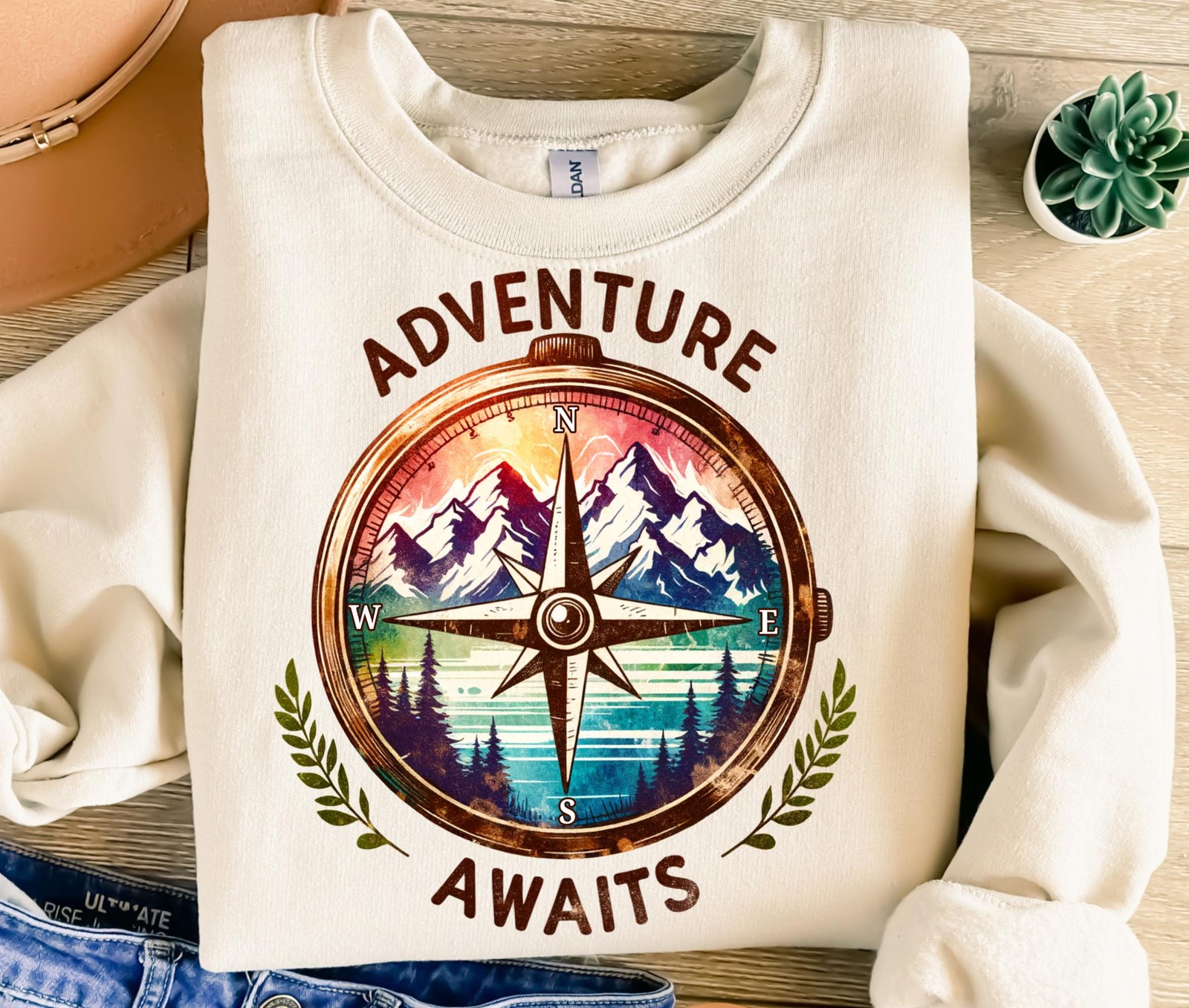 Adventure Awaits Compass T-Shirt Hiking Nature Mountains Travel Outdoor Tee Gift